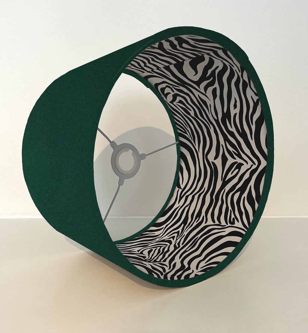 Green velvet drum lampshade/ ceiling light shade with zebra print cotton interior