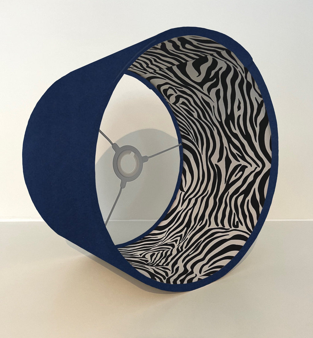 Navy velvet drum lampshade/ ceiling light shade with zebra print cotton interior