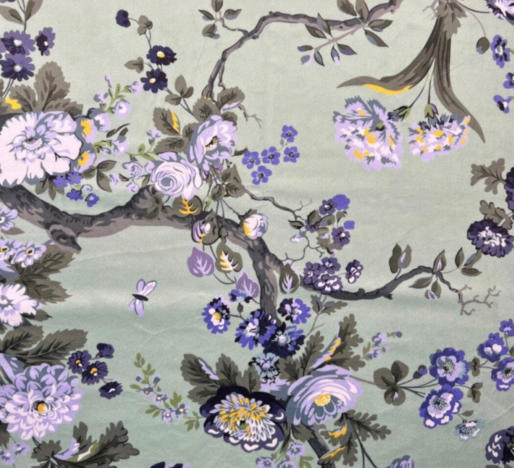 Purple floral velvet drum lampshade / ceiling shade, with a white lining
