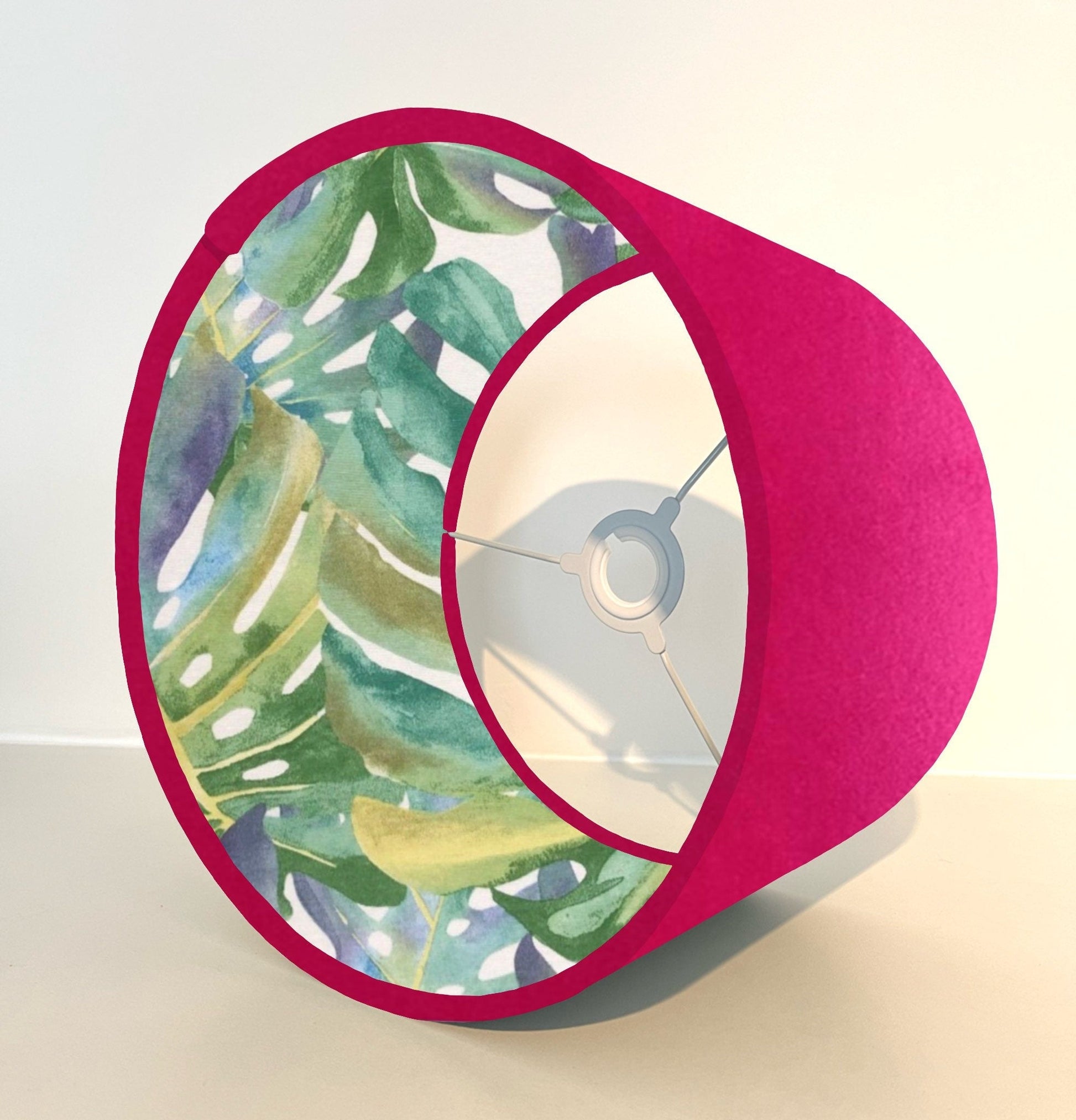 Cerise pink velvet drum lampshade/ ceiling light shade with leaves interior