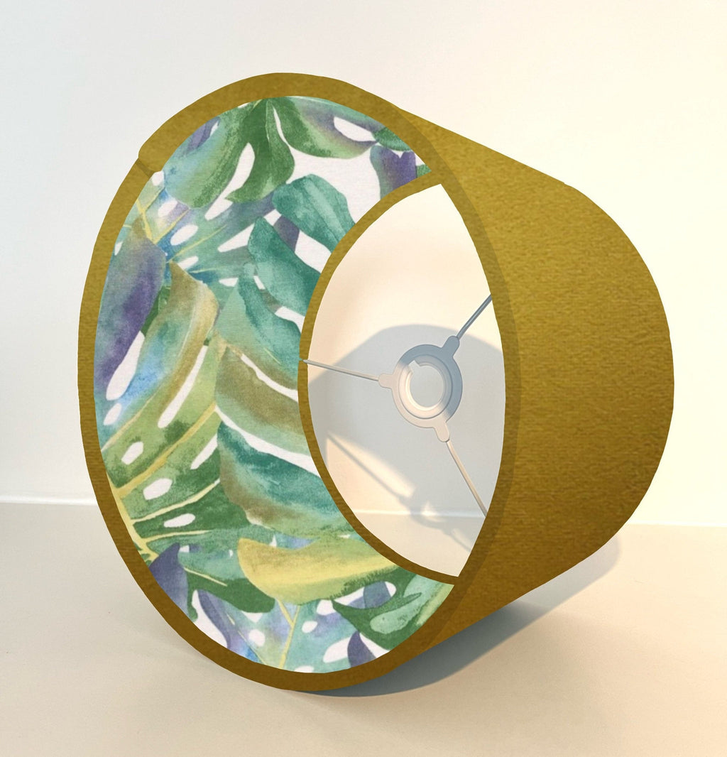 Mustard velvet drum lampshade/ ceiling light shade with leaves interior