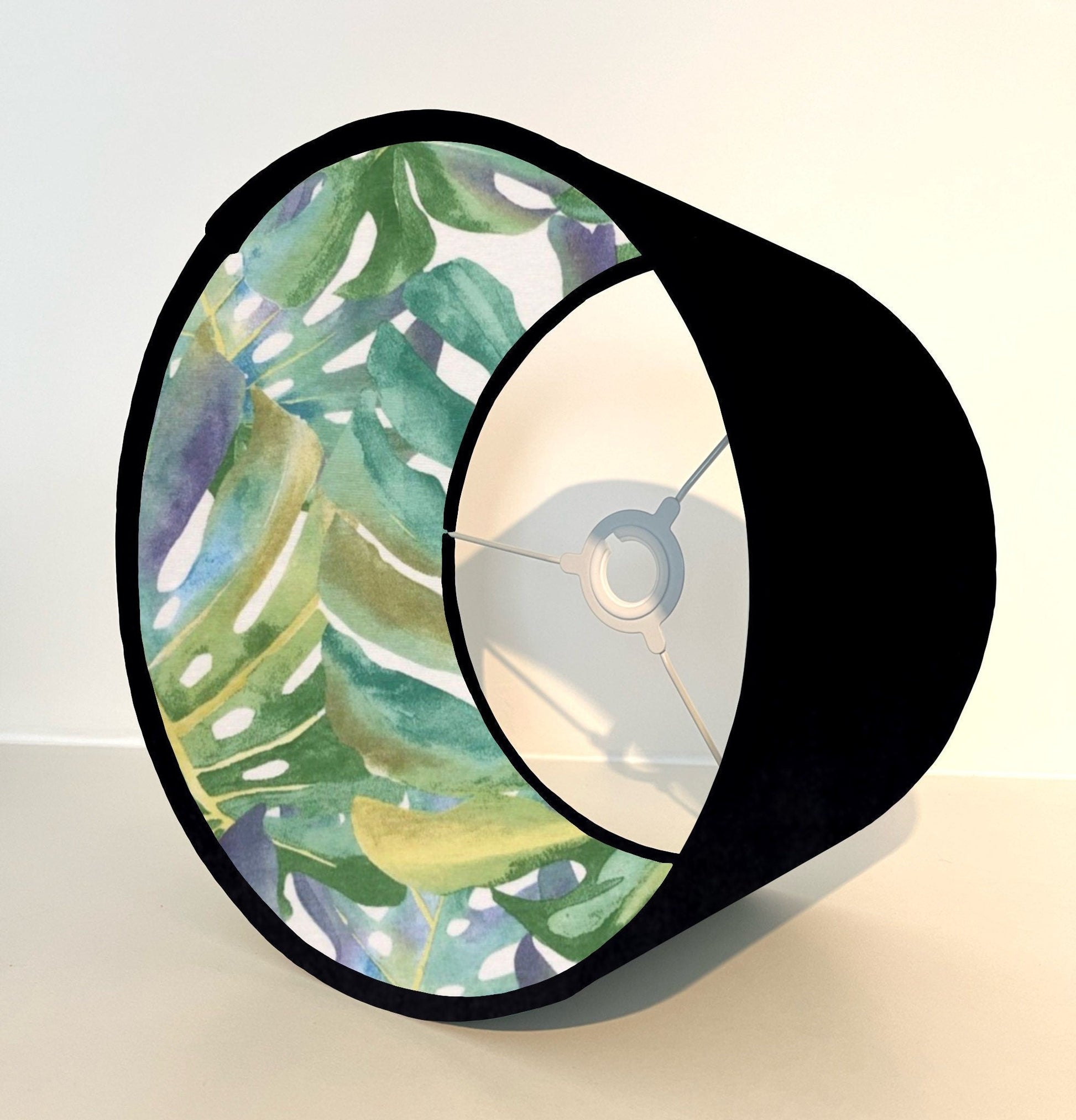 Black velvet drum lampshade/ ceiling light shade with leaves interior