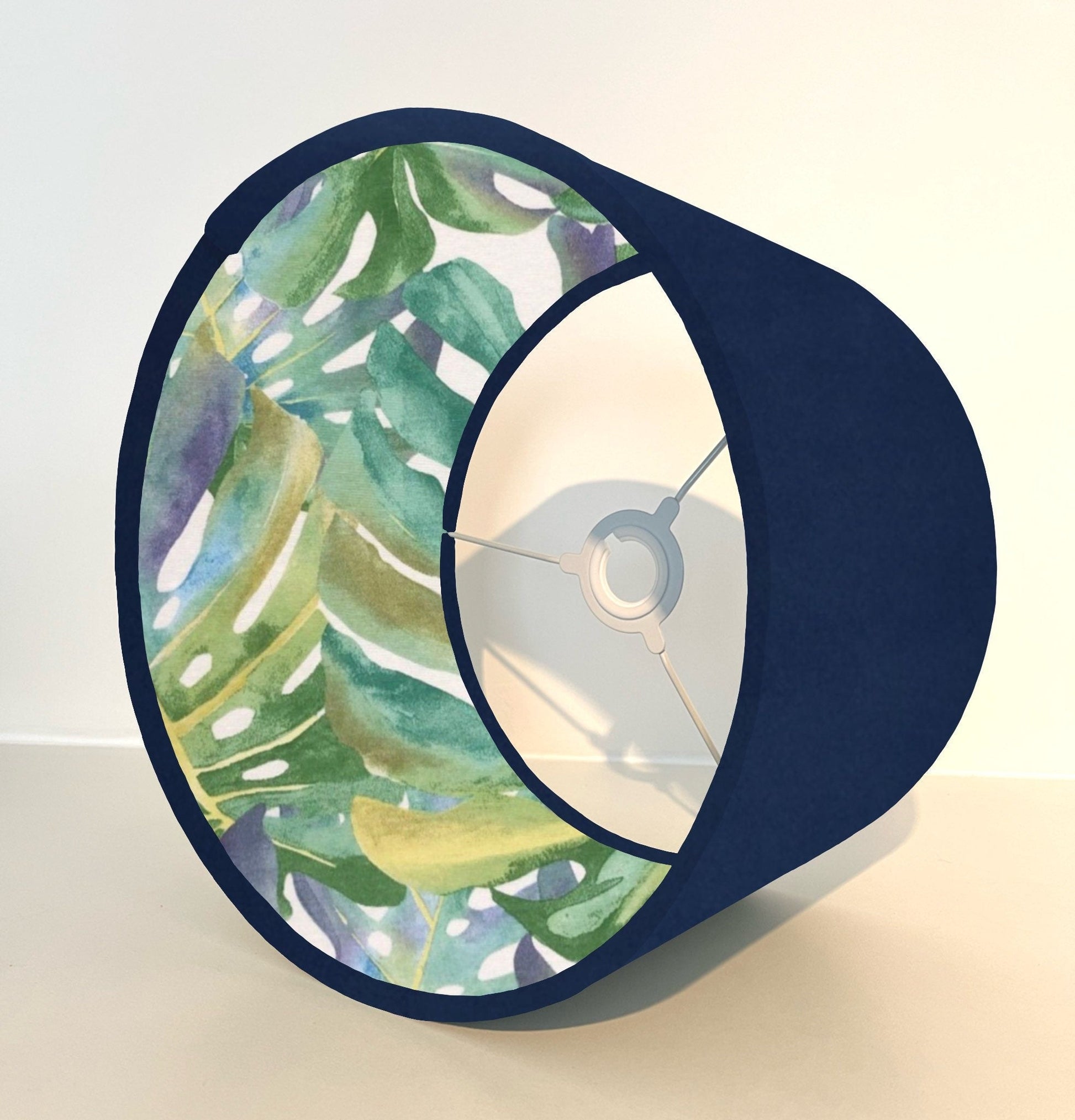 Navy velvet drum lampshade/ ceiling light shade with leaves interior