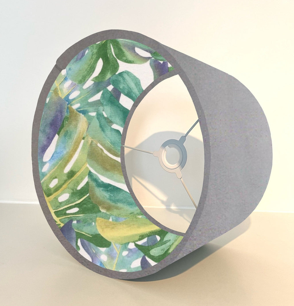 Grey velvet drum lampshade/ ceiling light shade with leaves interior