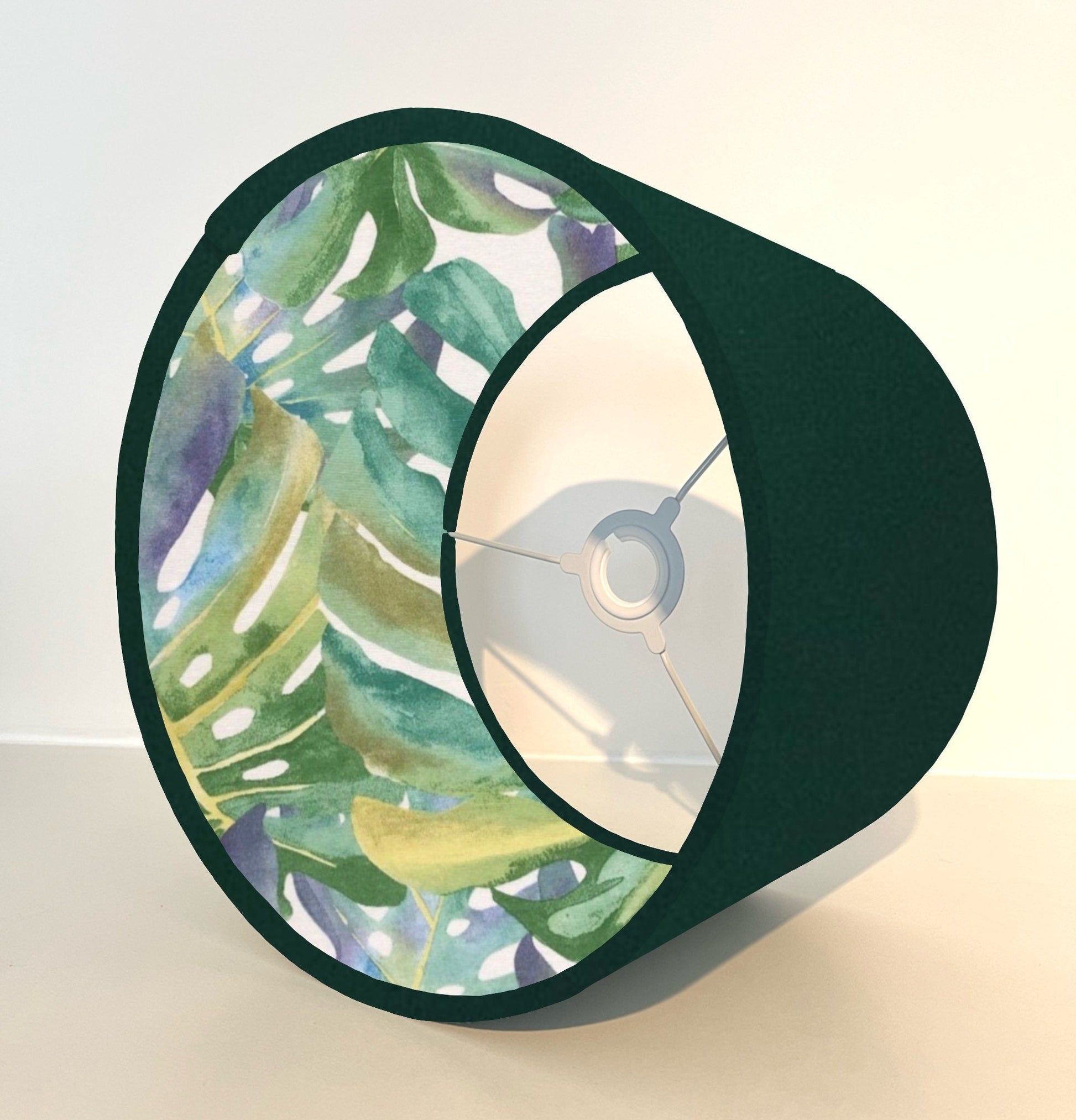 Green velvet drum lampshade/ ceiling light shade with leaves interior