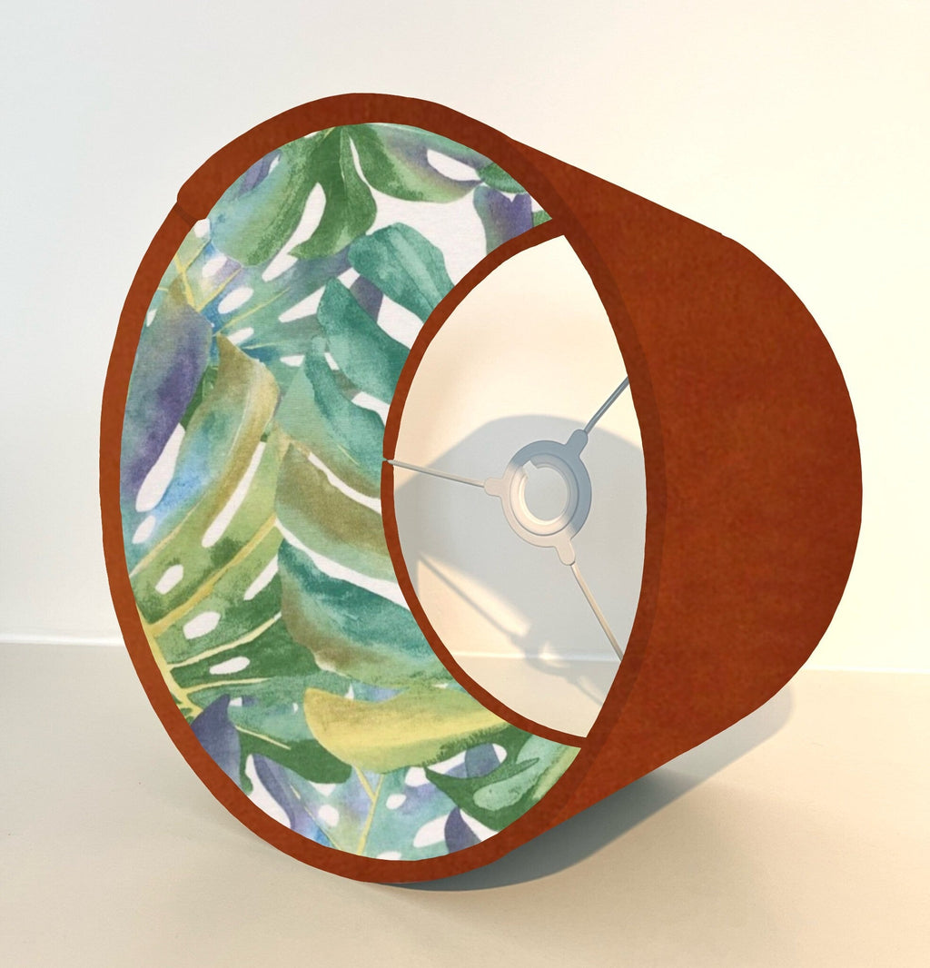 Burnt orange velvet drum lampshade/ ceiling light shade with leaves interior