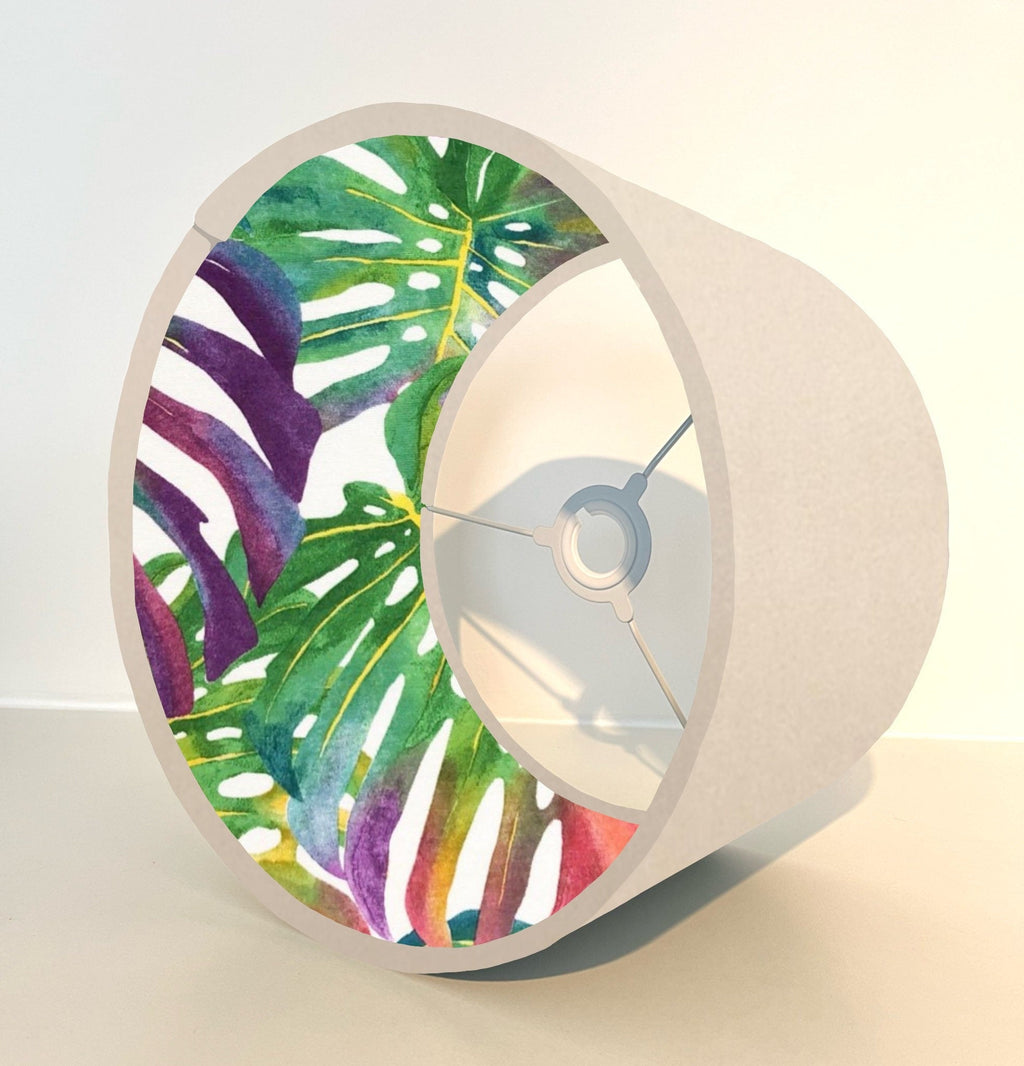 Cream velvet drum lampshade/ ceiling light shade with multicoloured leaves interior