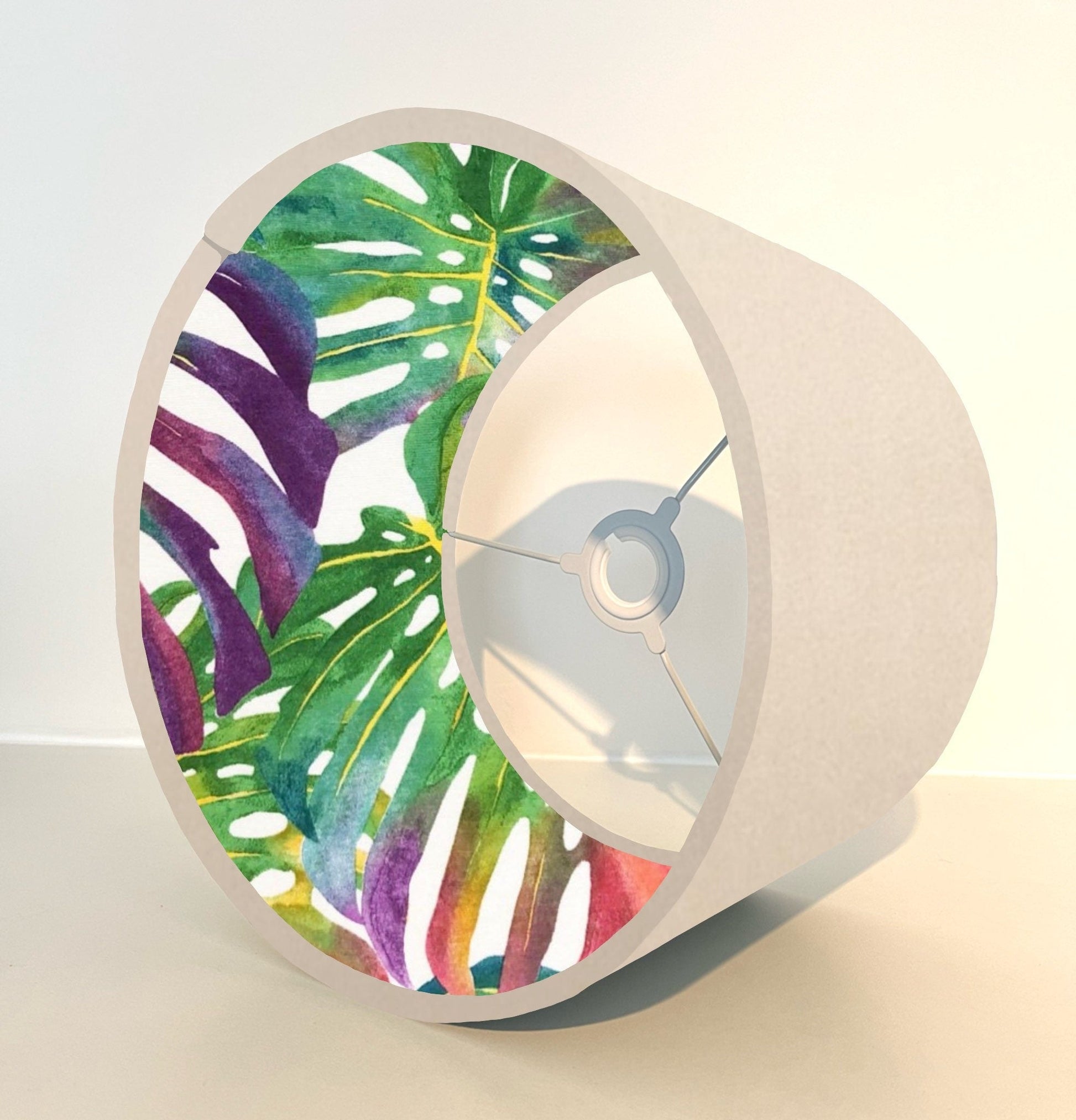 Cream velvet drum lampshade/ ceiling light shade with multicoloured leaves interior