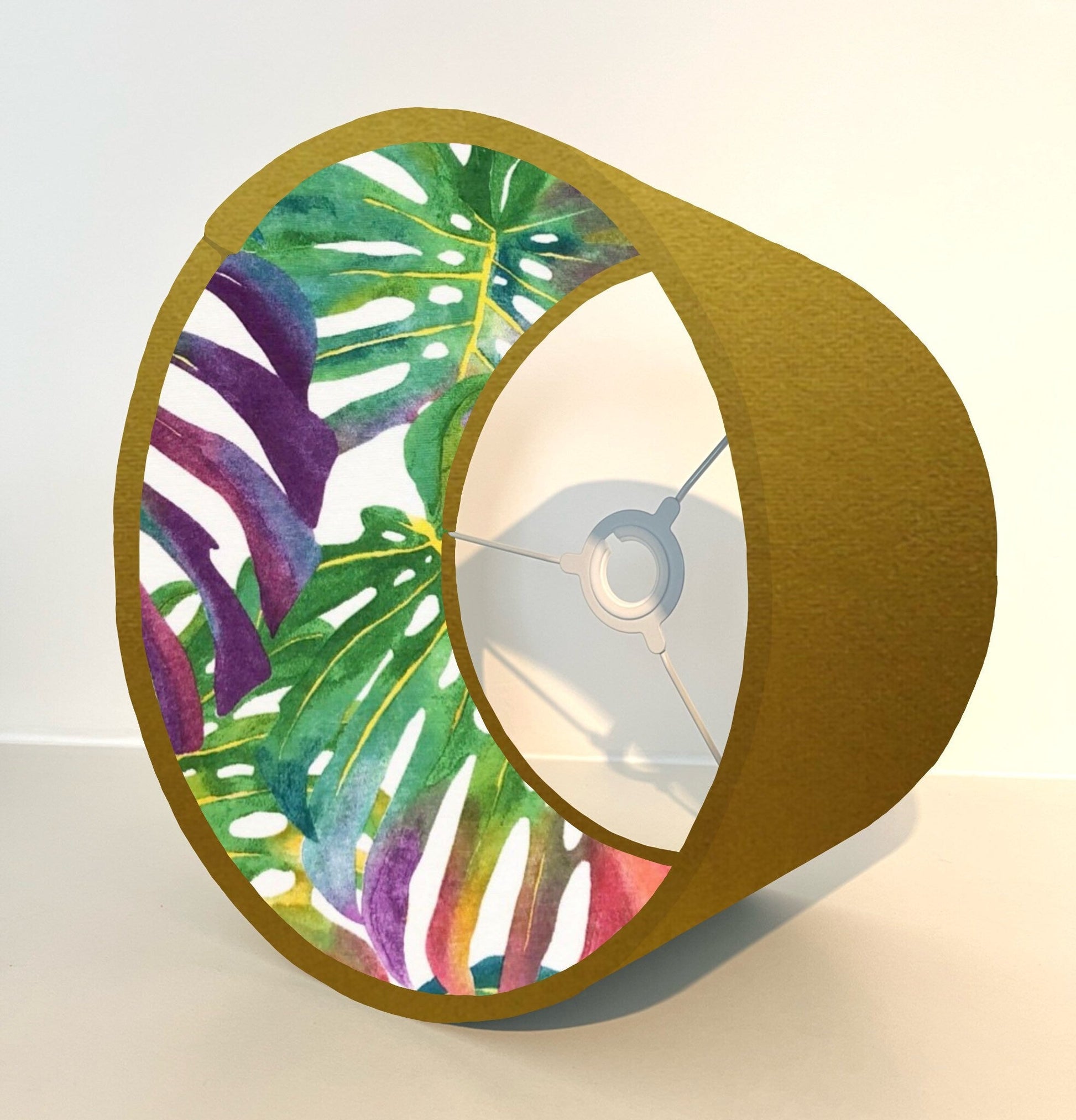 Mustard velvet drum lampshade/ ceiling light shade with multicoloured leaves interior