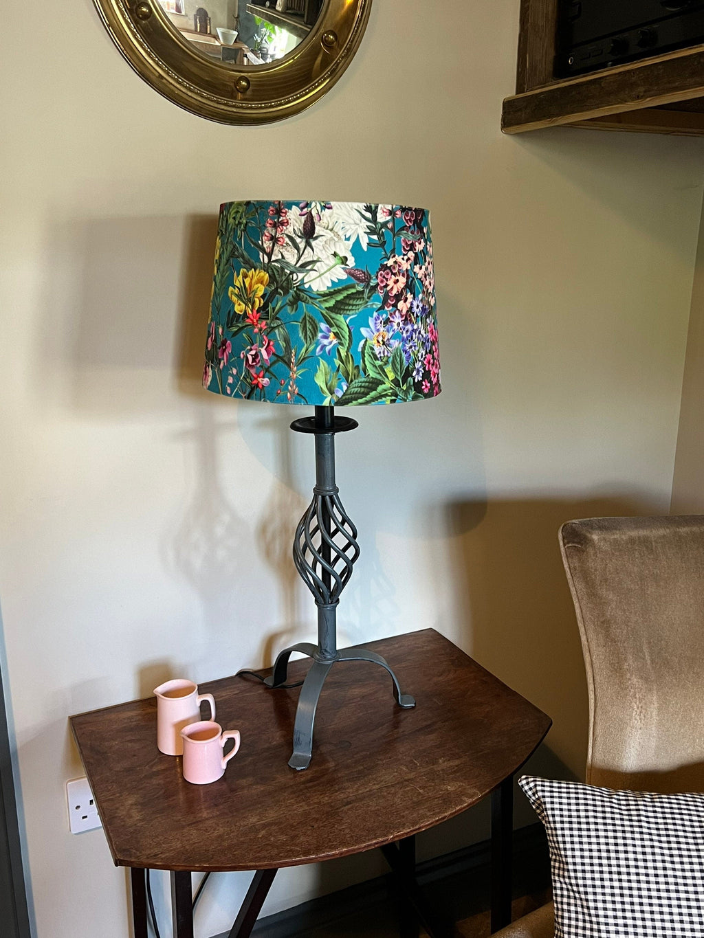 Teal flowers velvet french drum lampshade/ ceiling light shade, empire lampshade