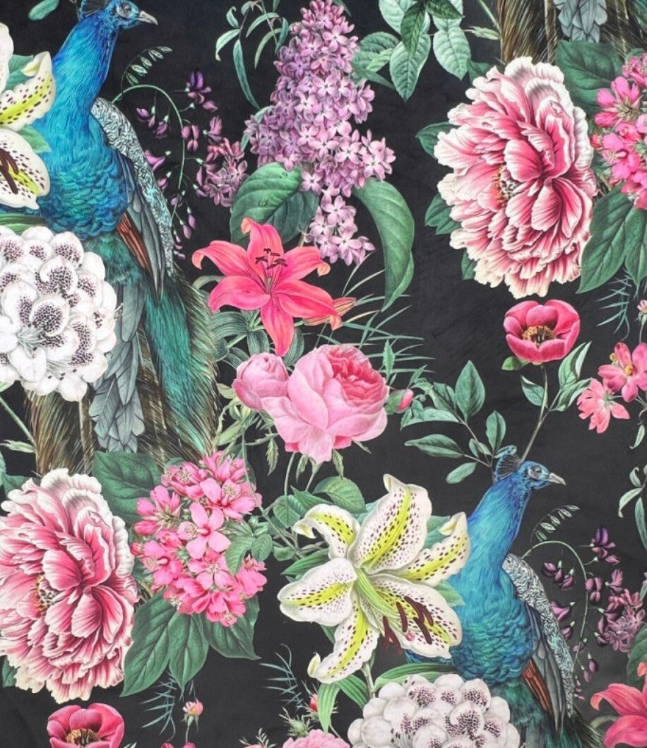 Peacock floral Velvet cylinder lampshade, in black, extra tall lampshade