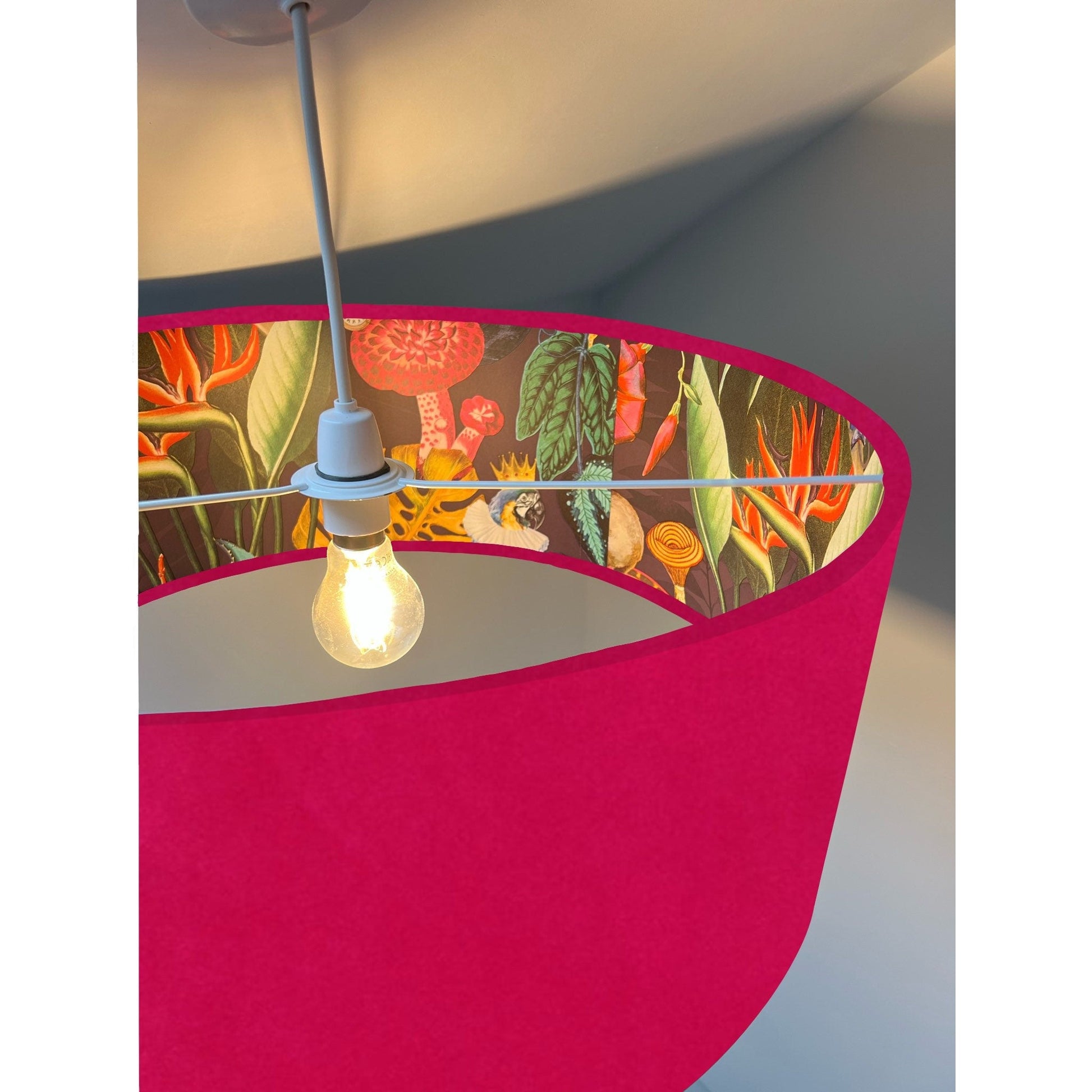 Cerise pink velvet drum lampshade/ ceiling light shade with wonderland paper interior