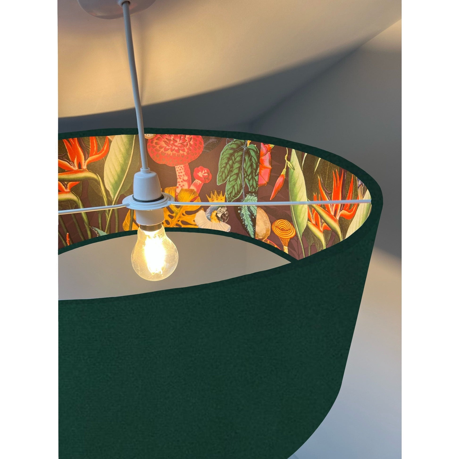 Green velvet drum lampshade/ ceiling light shade with wonderland paper interior