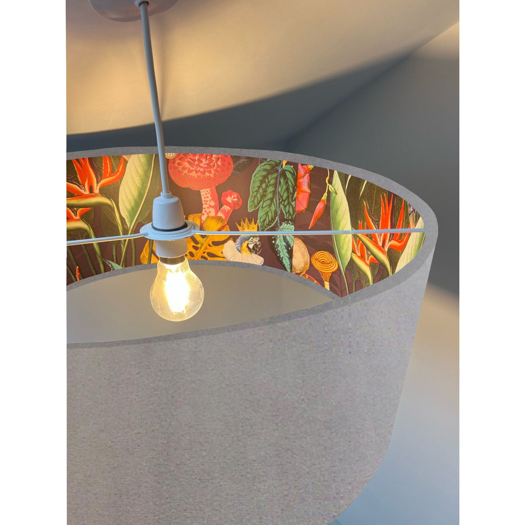 Grey velvet drum lampshade/ ceiling light shade with wonderland paper interior