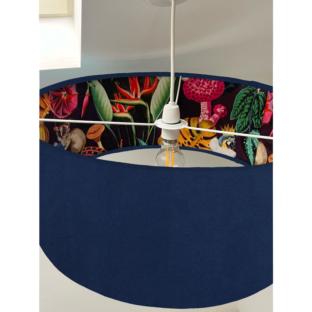 Navy velvet drum lampshade/ ceiling light shade with wonderland paper interior