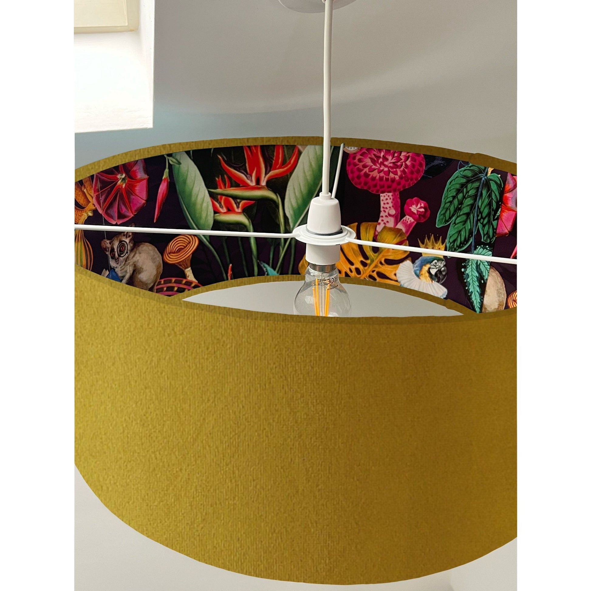 Mustard velvet drum lampshade/ ceiling light shade with wonderland paper interior