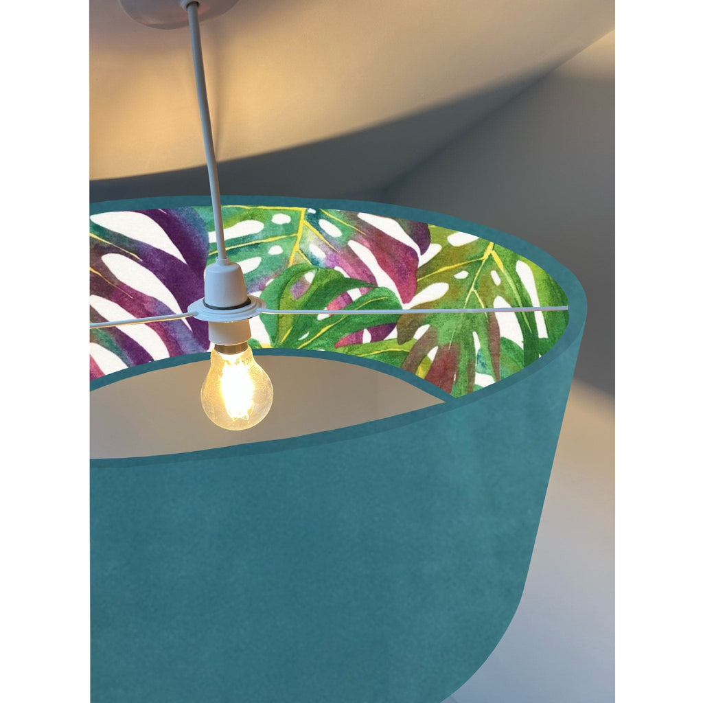 Teal velvet drum lampshade/ ceiling light shade with multicoloured leaves interior