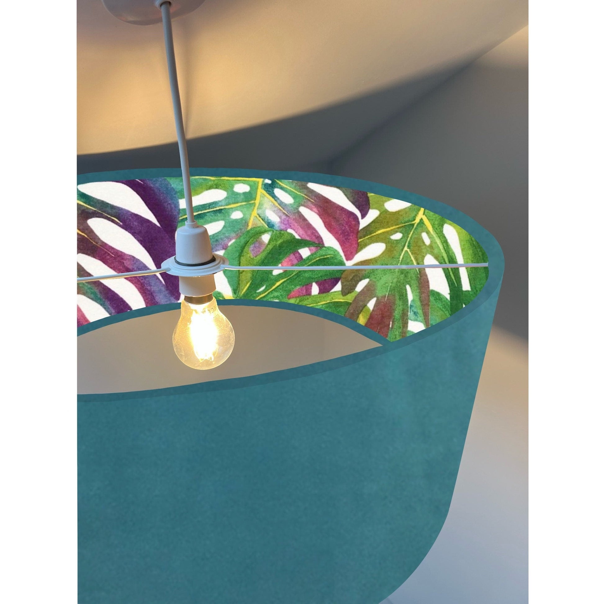 Teal velvet drum lampshade/ ceiling light shade with multicoloured leaves interior