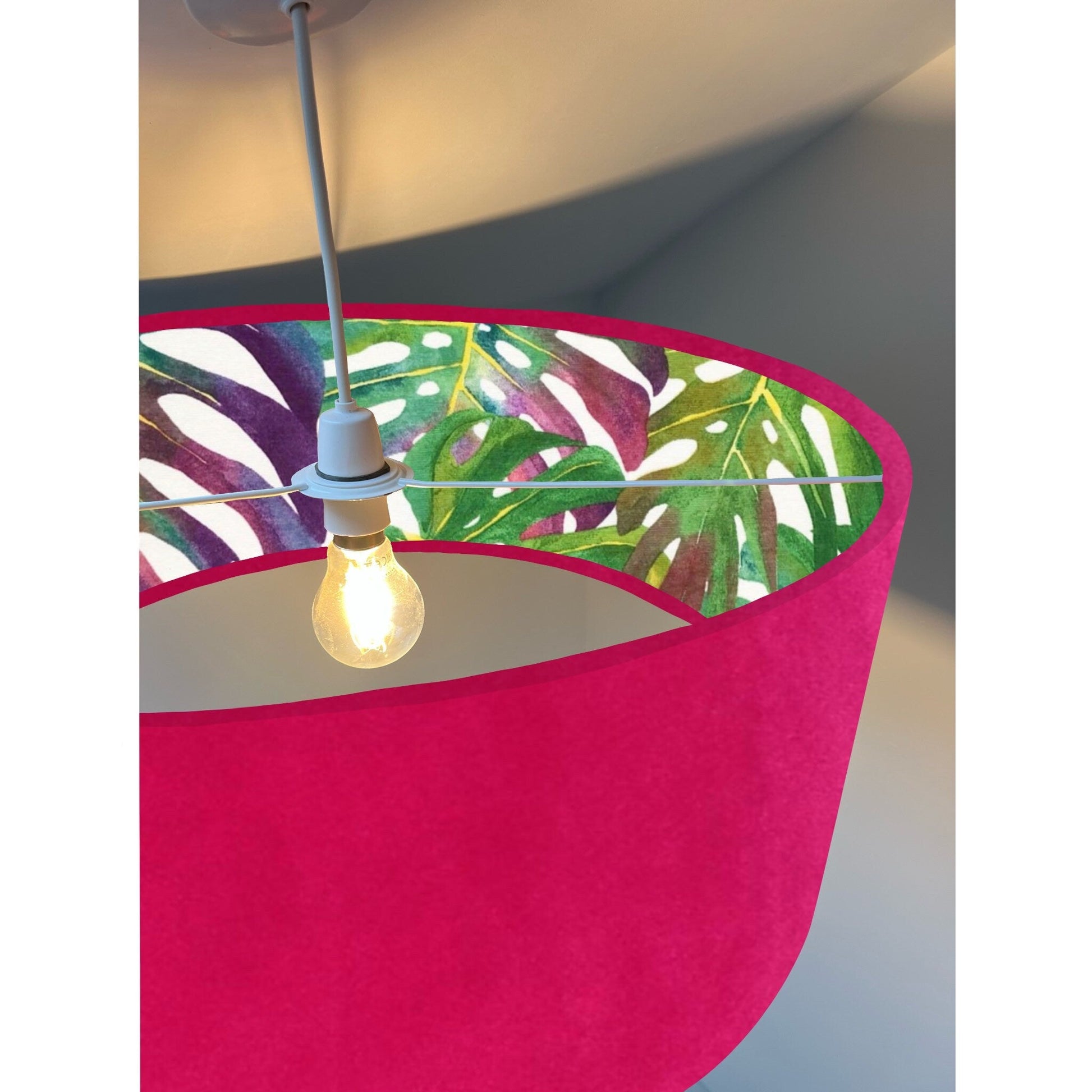 Cerise pink velvet drum lampshade/ ceiling light shade with multicoloured leaves interior