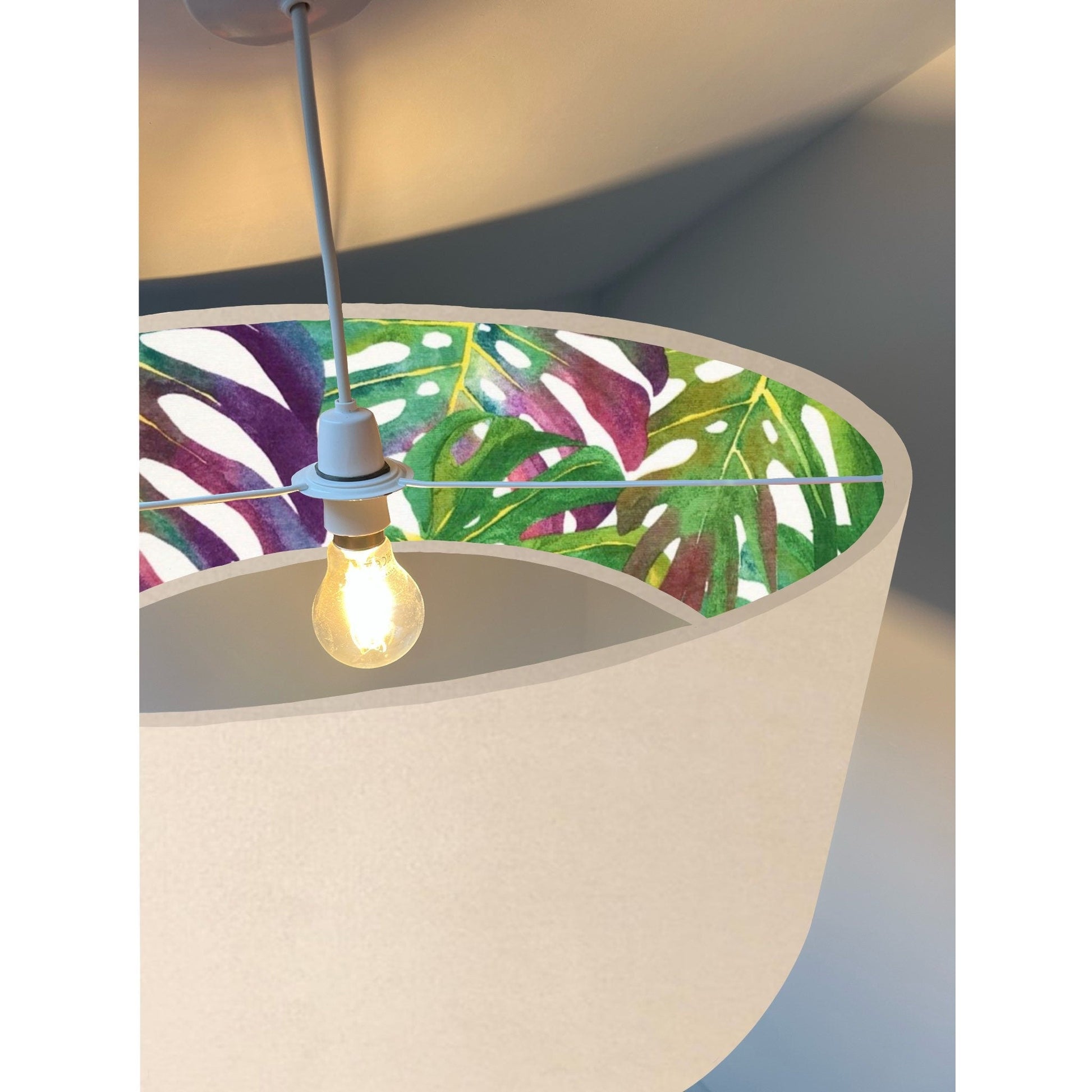 Cream velvet drum lampshade/ ceiling light shade with multicoloured leaves interior