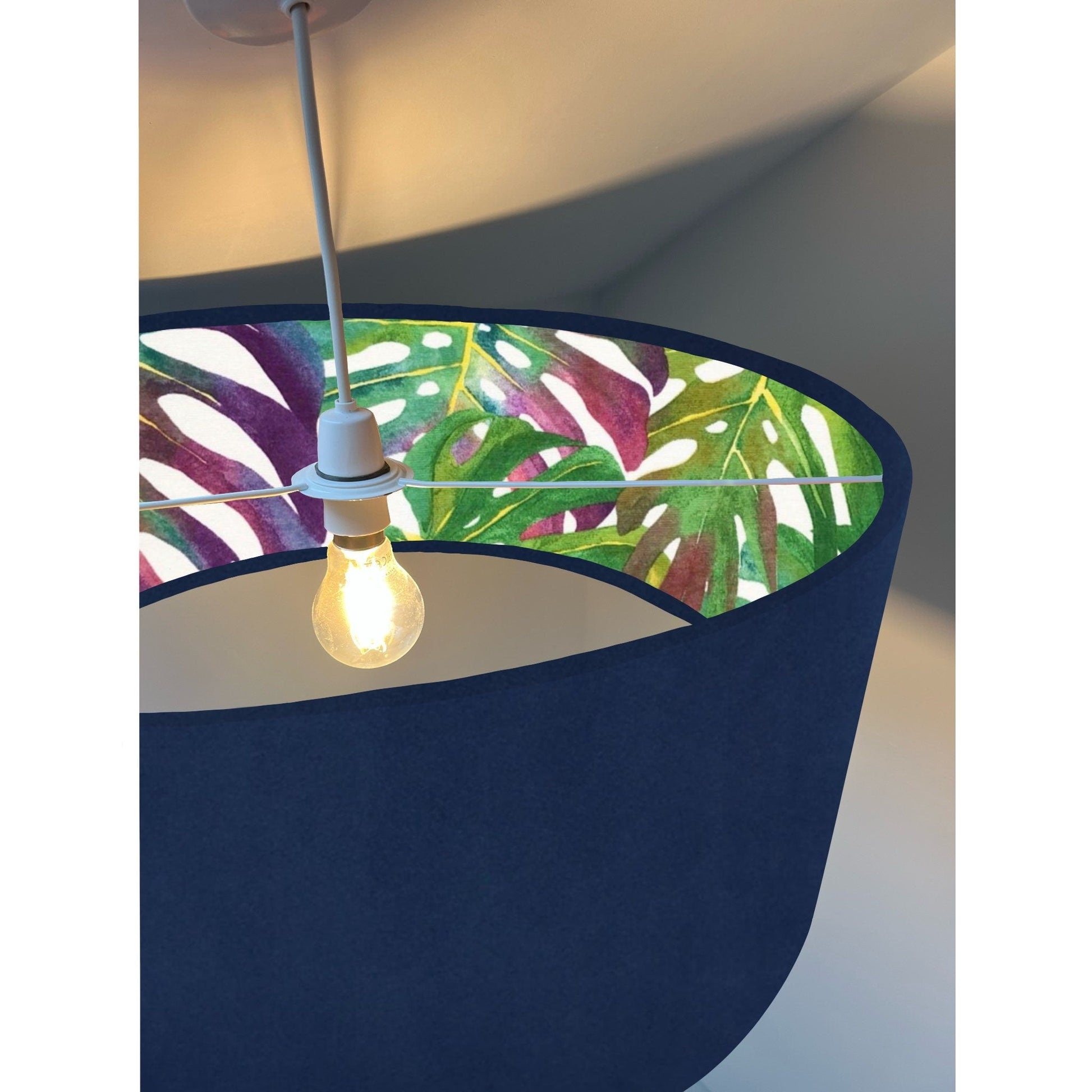 Navy velvet drum lampshade/ ceiling light shade with multicoloured leaves interior
