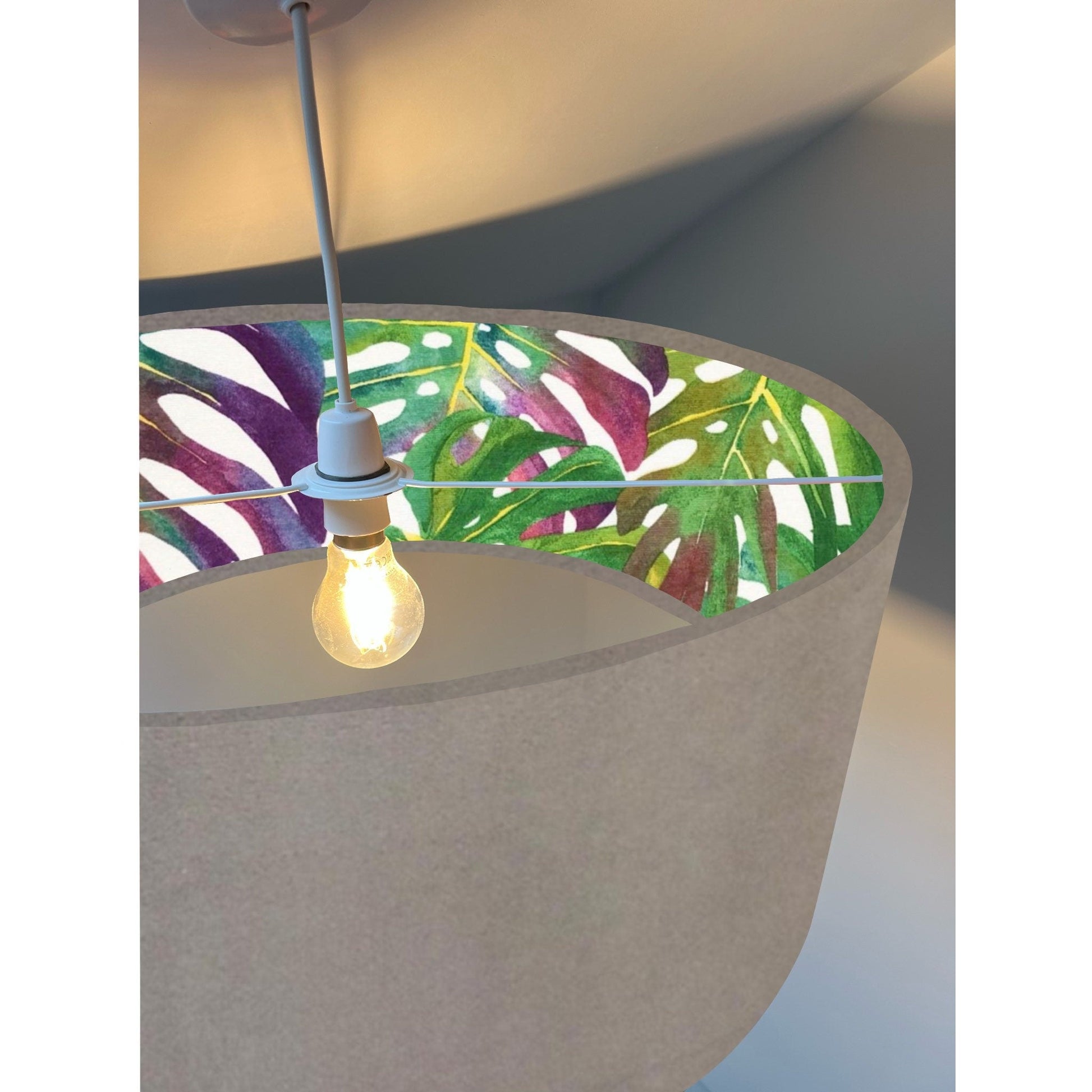 Grey velvet drum lampshade/ ceiling light shade with multicoloured leaves interior