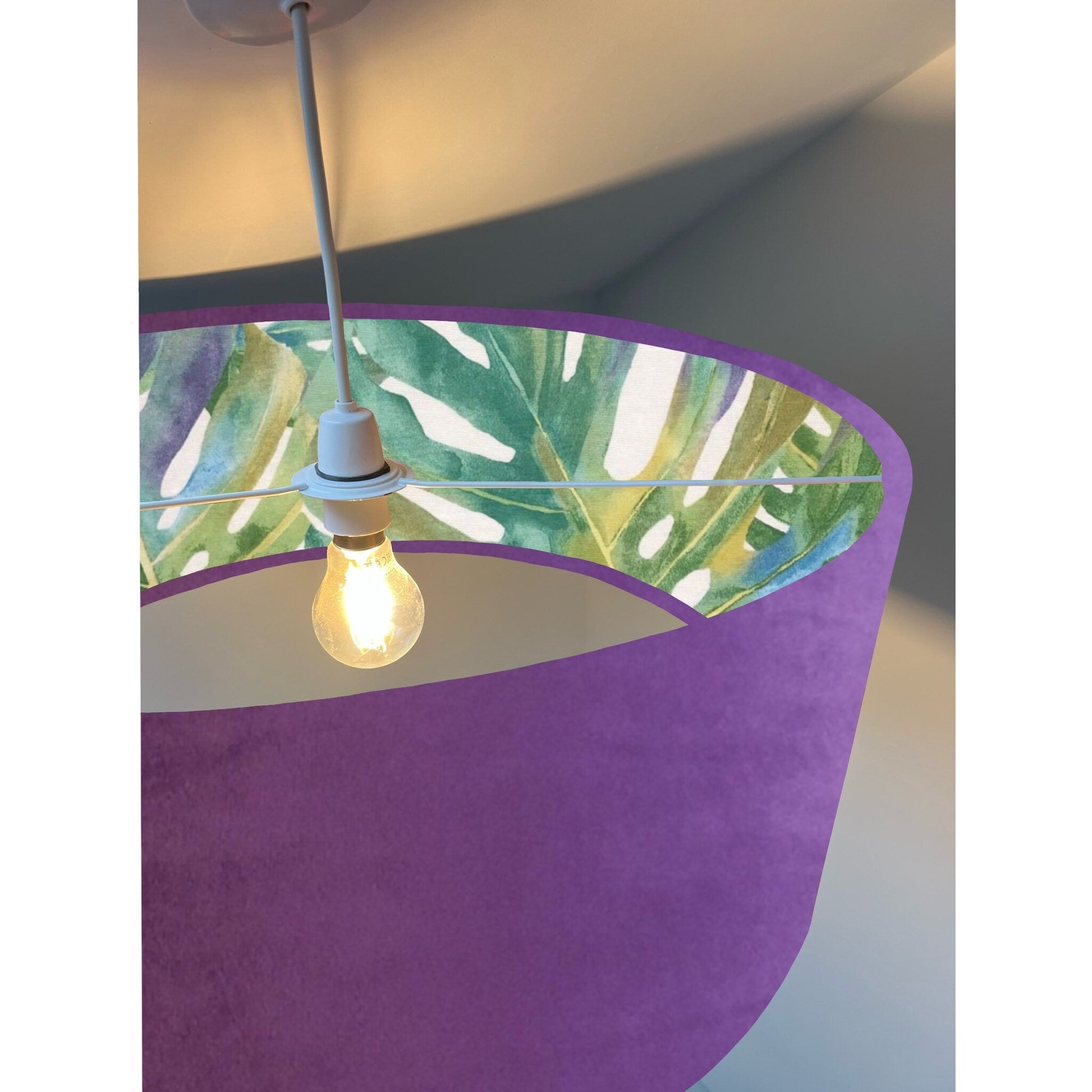Purple velvet drum lampshade/ ceiling light shade with leaves interior