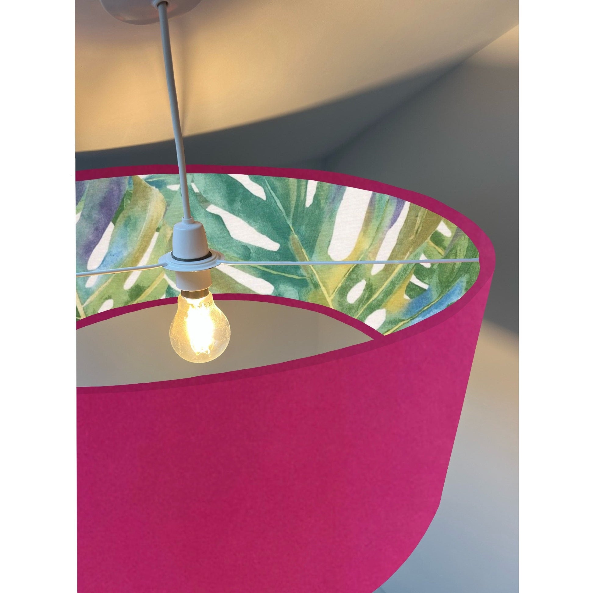 Hot Pink velvet drum lampshade/ ceiling light shade with leaves interior