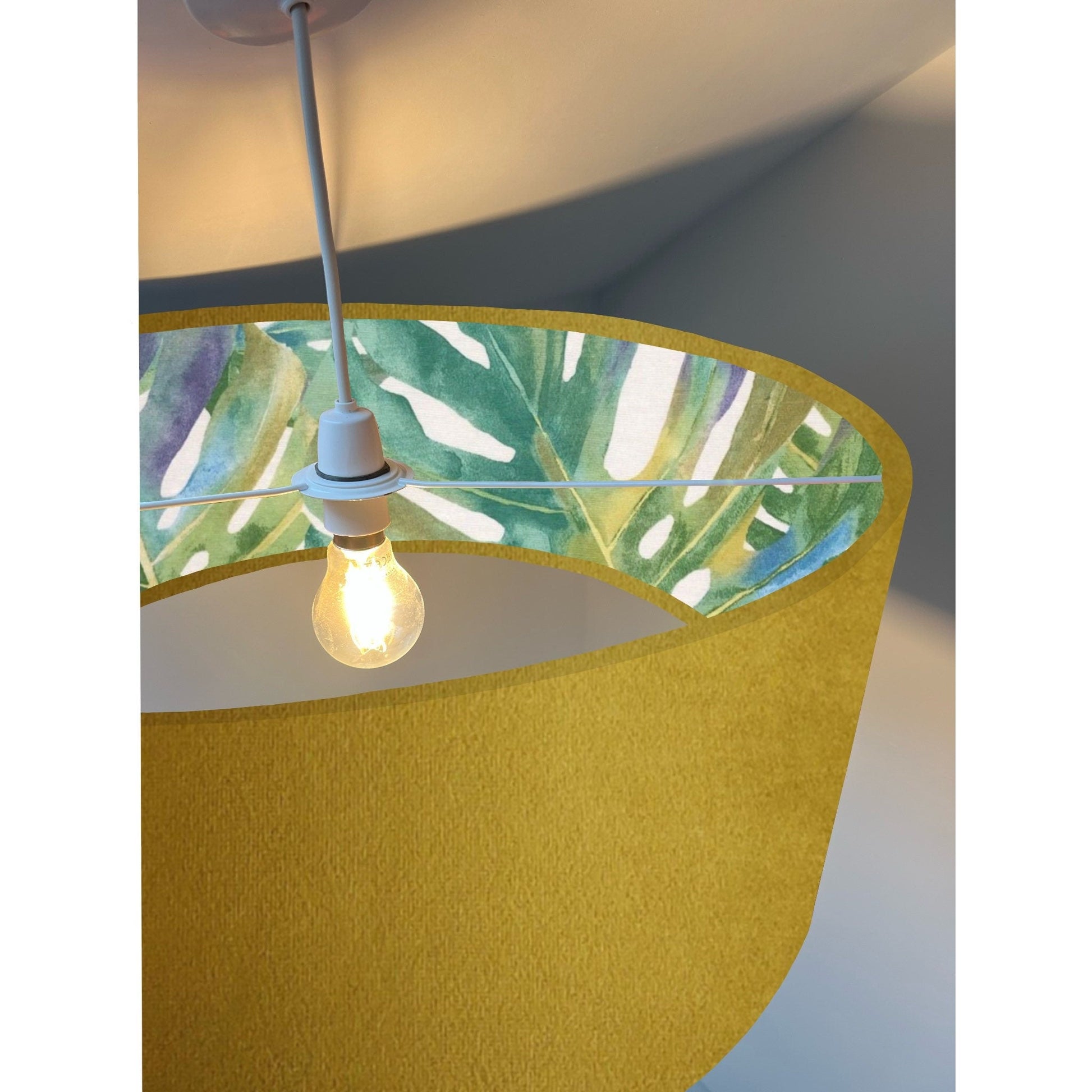 Mustard velvet drum lampshade/ ceiling light shade with leaves interior