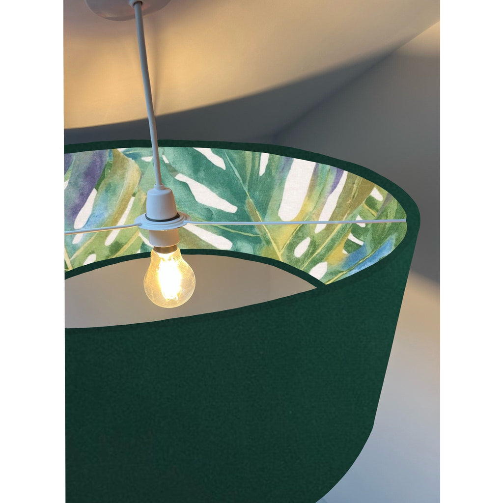 Green velvet drum lampshade/ ceiling light shade with leaves interior