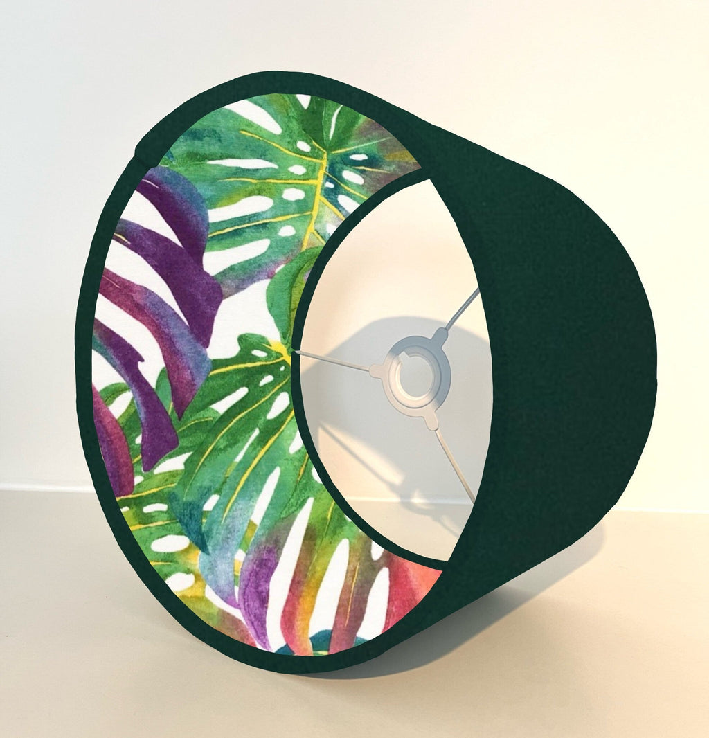 Green velvet drum lampshade/ ceiling light shade with multicoloured leaves interior