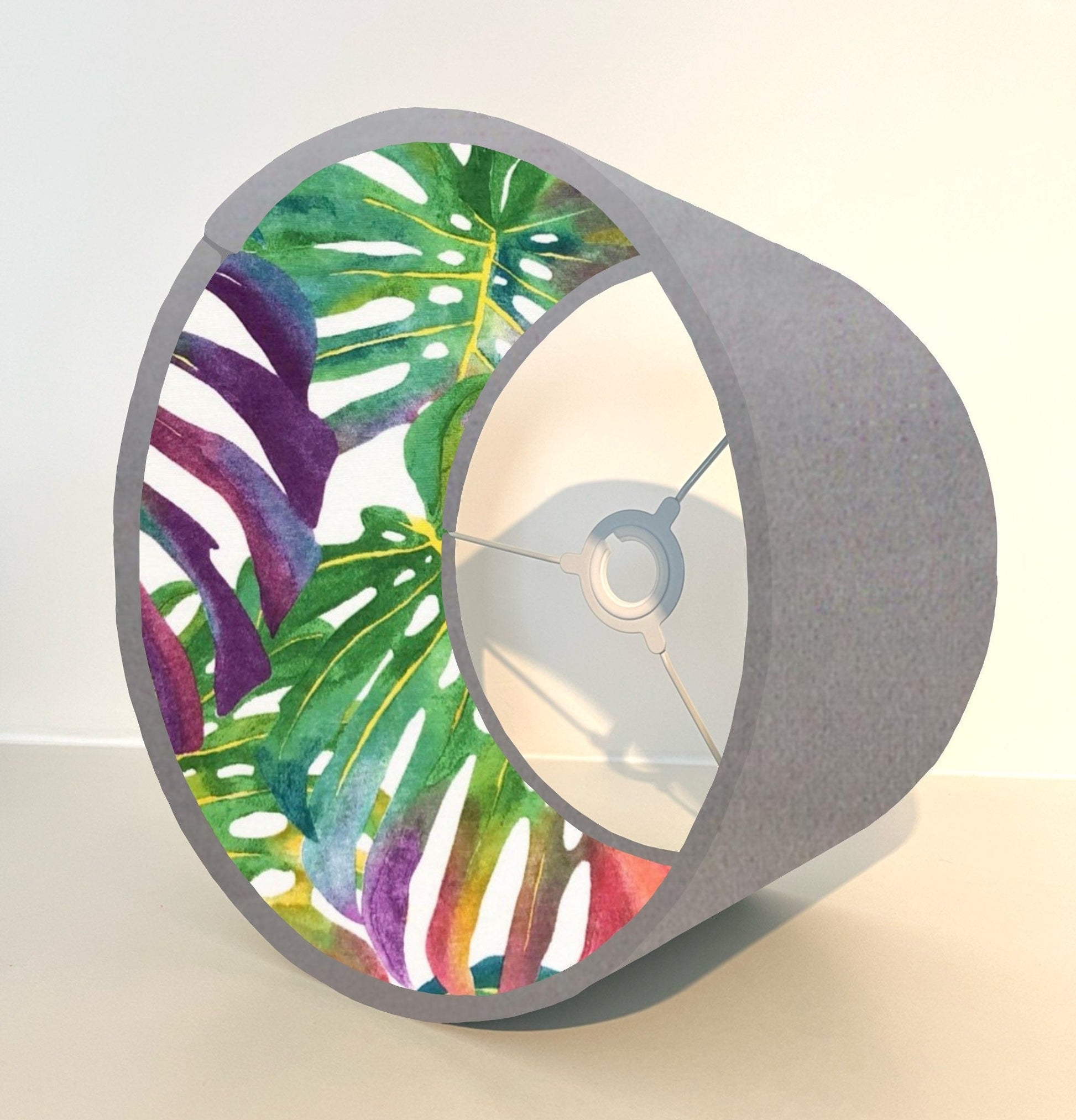 Grey velvet drum lampshade/ ceiling light shade with multicoloured leaves interior