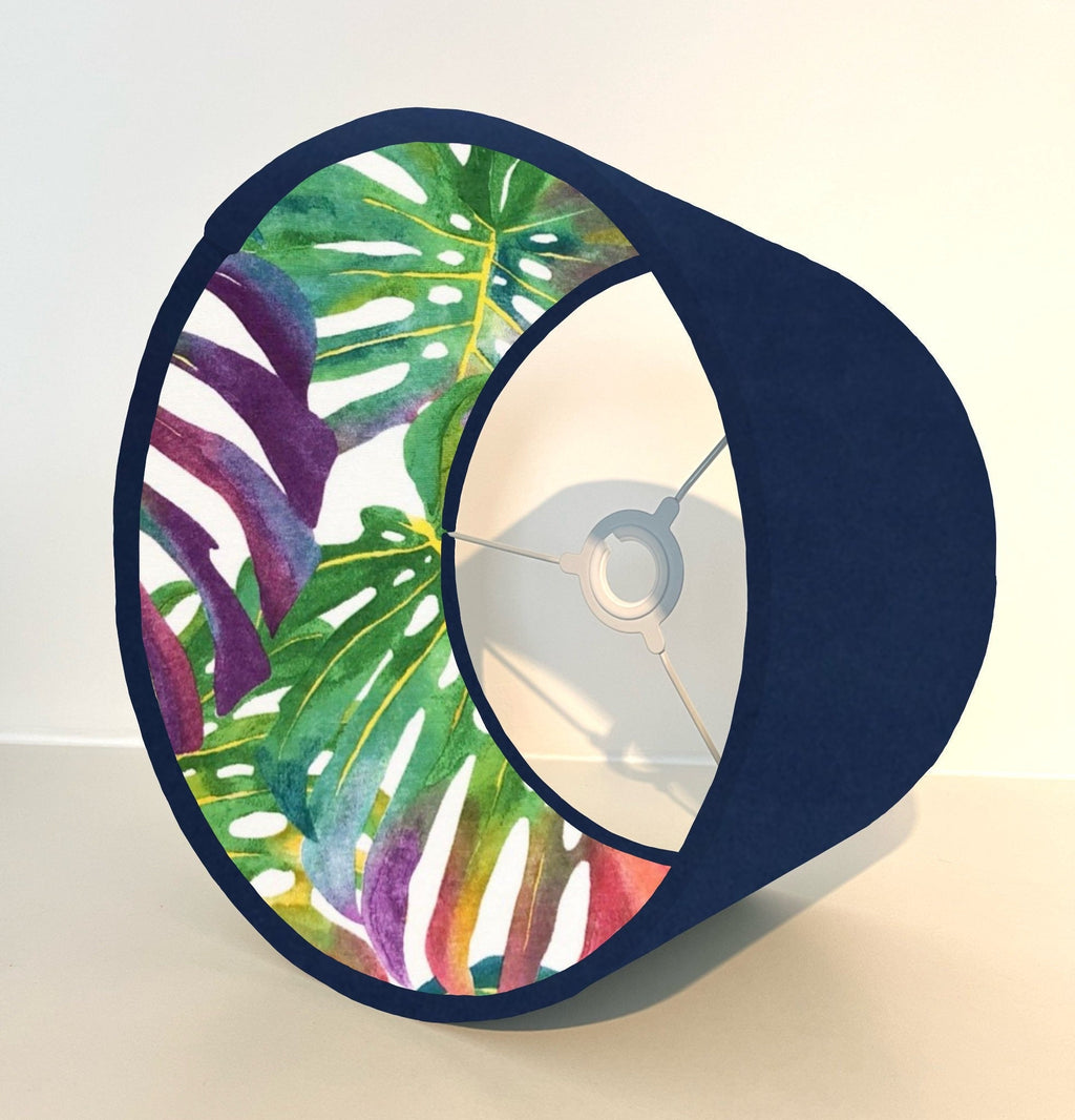 Navy velvet drum lampshade/ ceiling light shade with multicoloured leaves interior