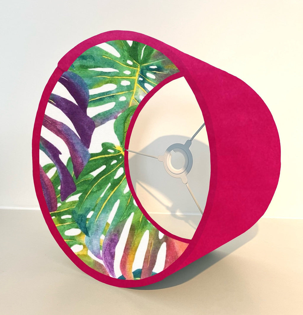 Cerise pink velvet drum lampshade/ ceiling light shade with multicoloured leaves interior