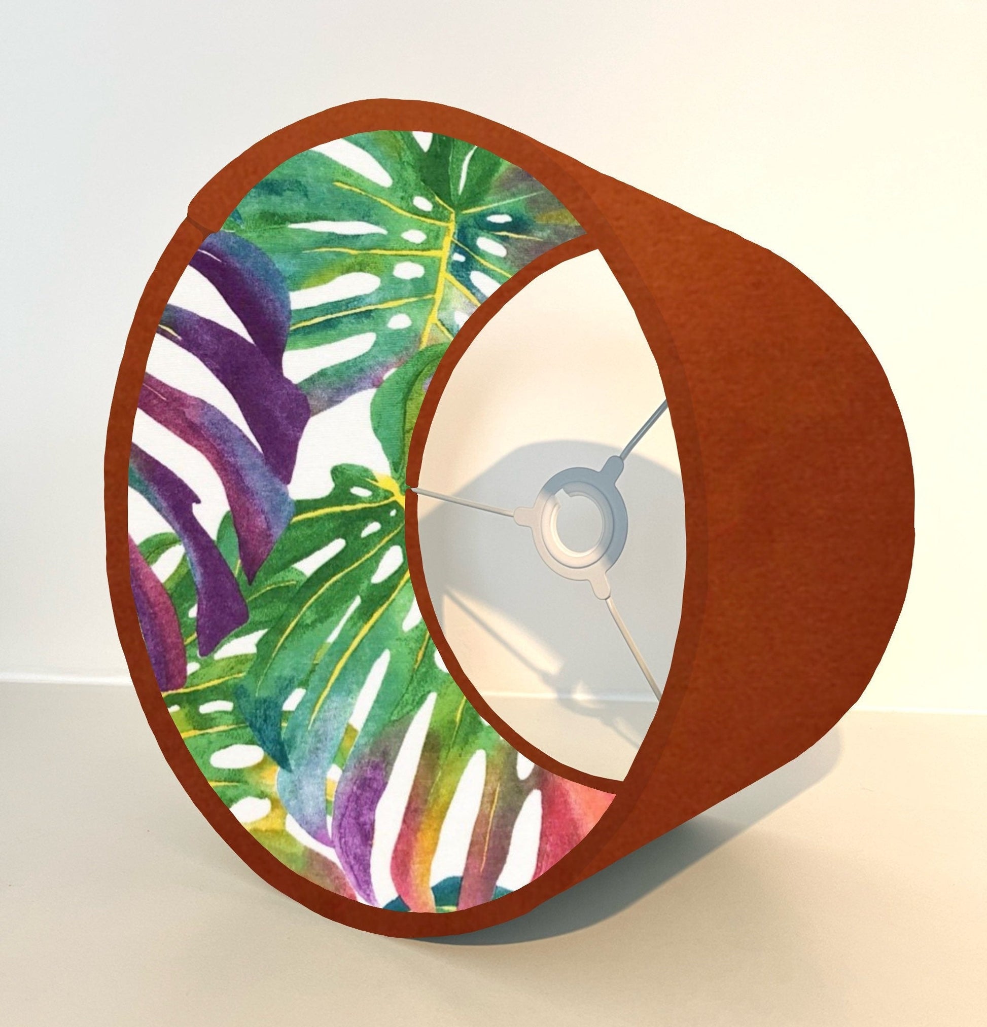 Burnt orange velvet drum lampshade/ ceiling light shade with multicoloured leaves interior