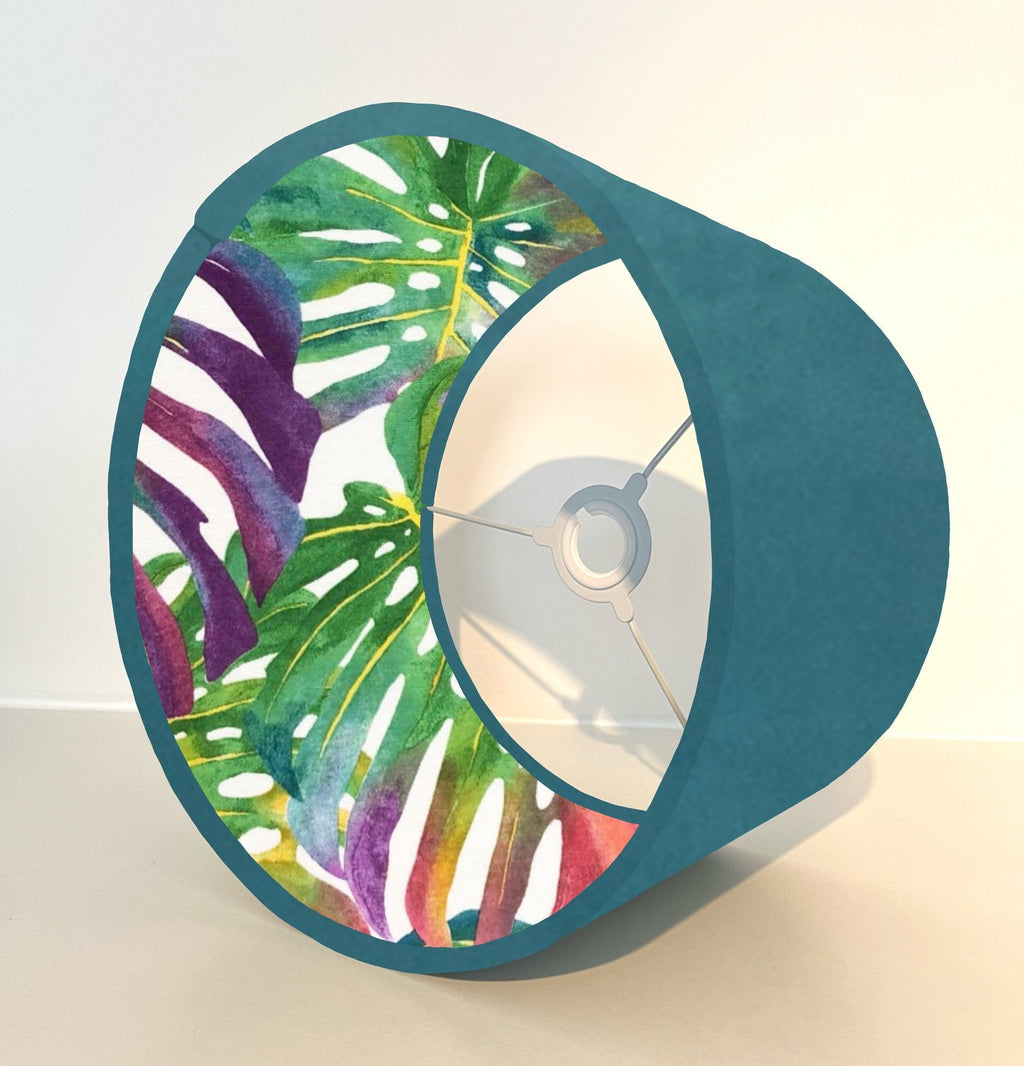 Teal velvet drum lampshade/ ceiling light shade with multicoloured leaves interior
