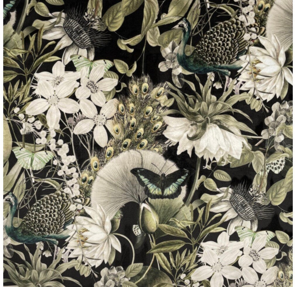 Peacock butterfly velvet in black, drum lampshade/ ceiling shade, with a white lining