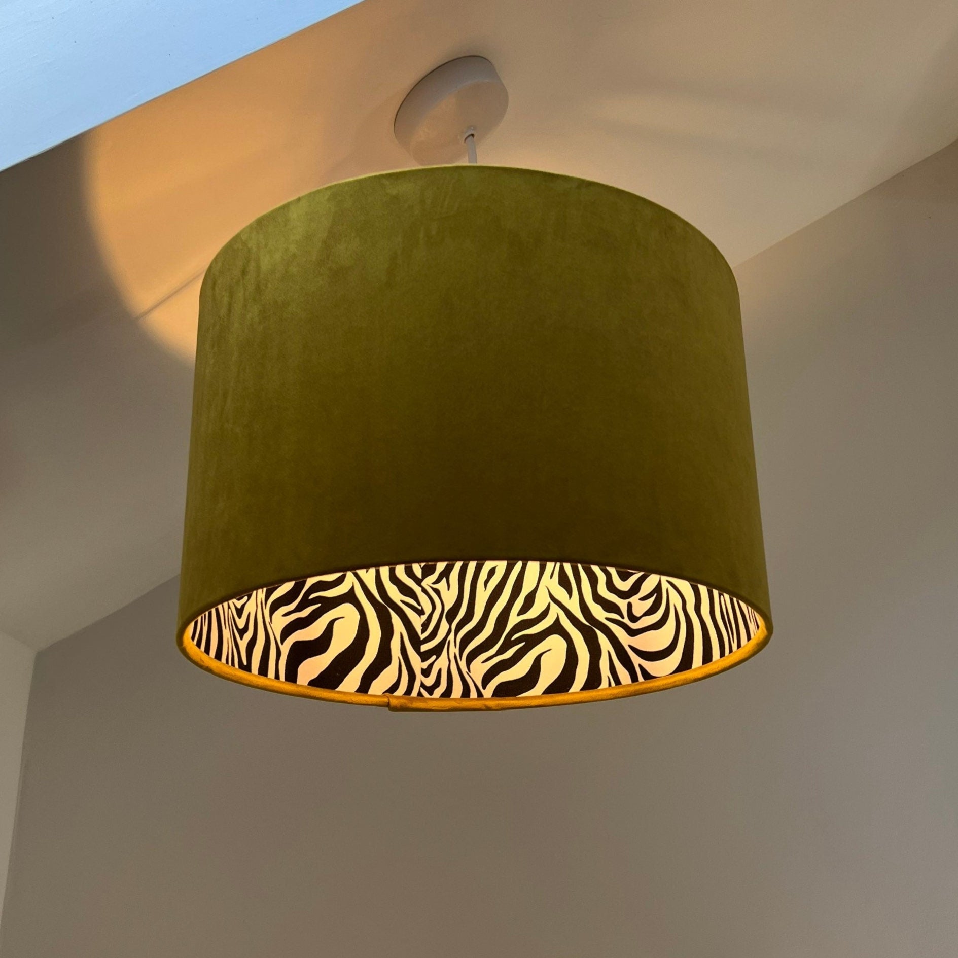 Mustard velvet drum lampshade/ ceiling light shade with zebra print cotton interior