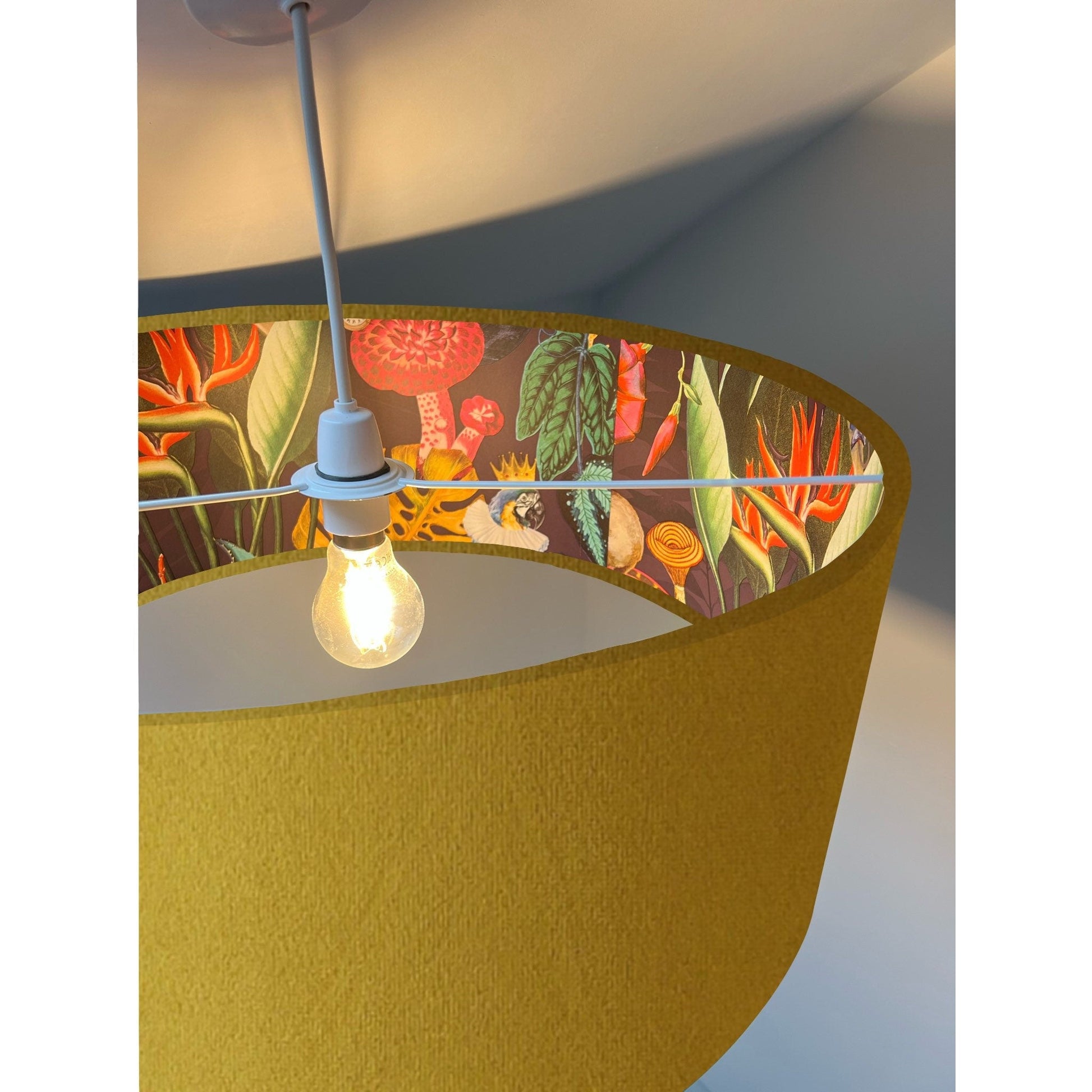 Mustard velvet drum lampshade/ ceiling light shade with wonderland paper interior