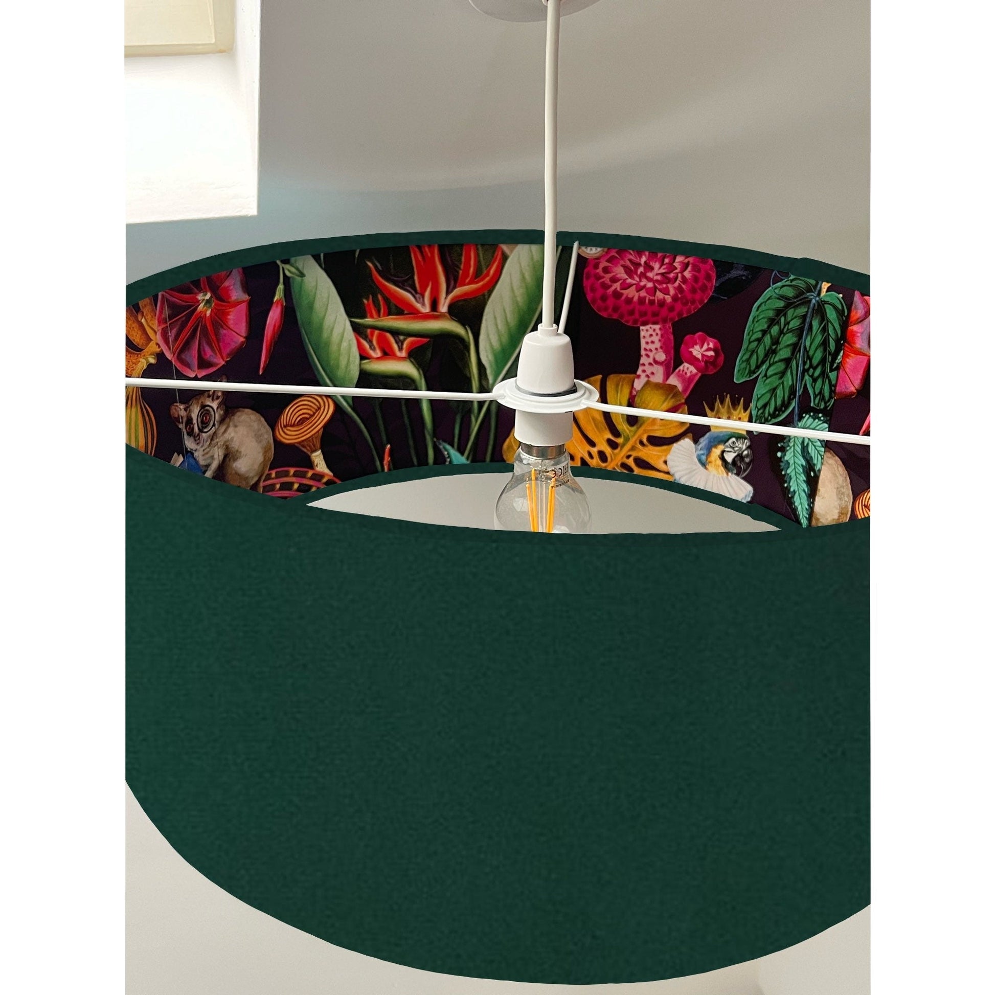 Green velvet drum lampshade/ ceiling light shade with wonderland paper interior