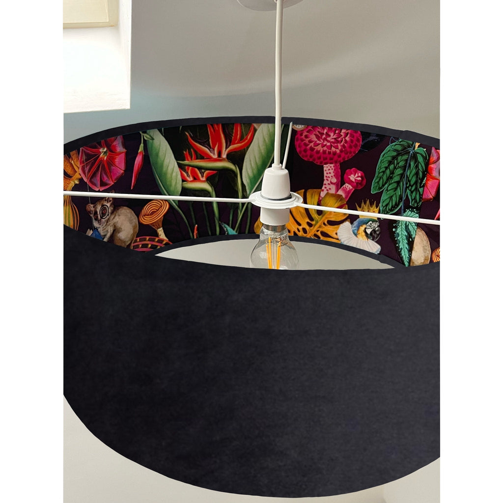 Black velvet drum lampshade/ ceiling light shade with wonderland paper interior