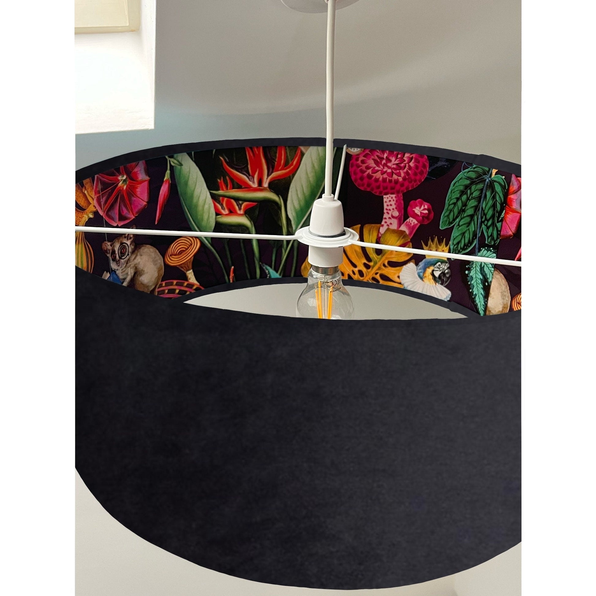 Black velvet drum lampshade/ ceiling light shade with wonderland paper interior