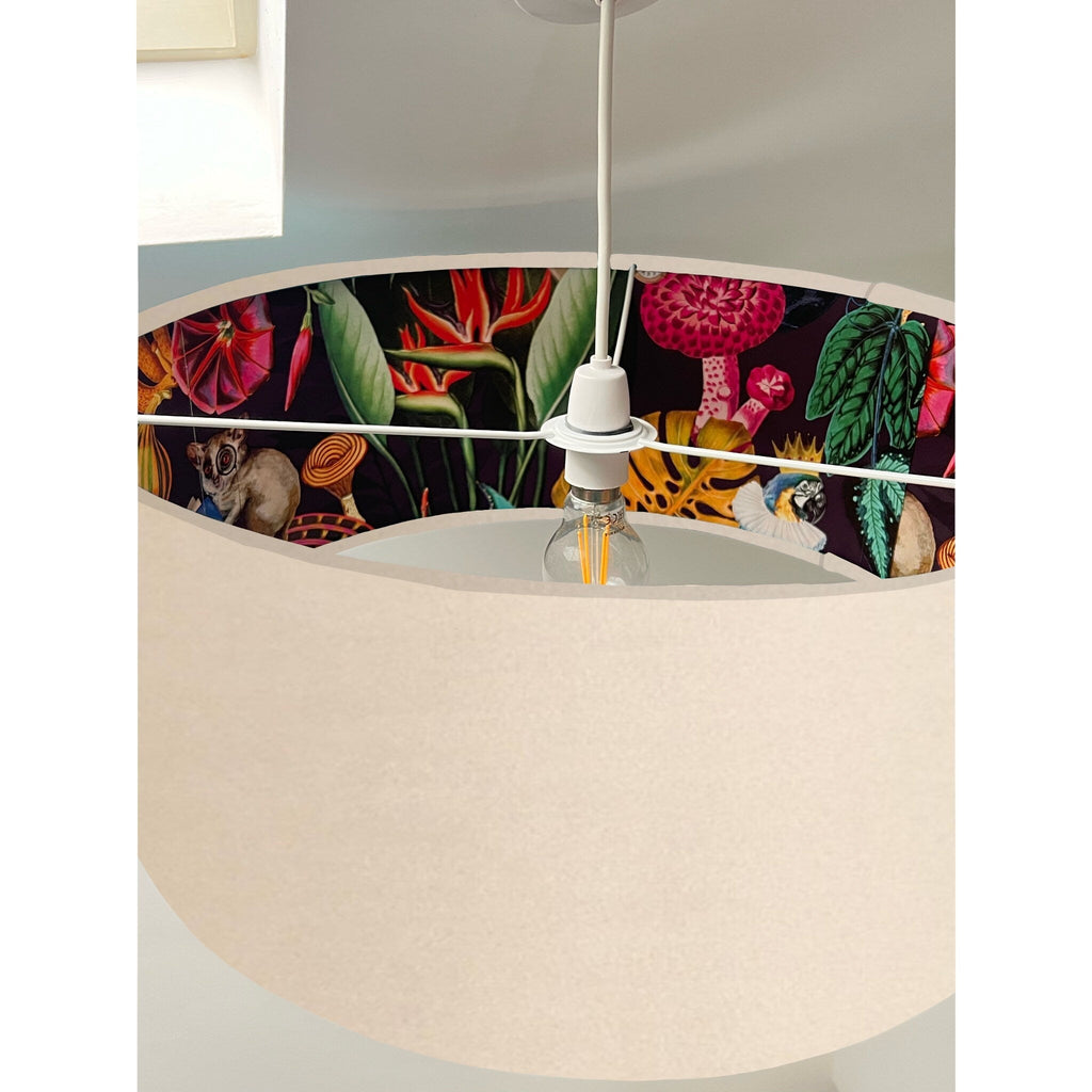 Cream velvet drum lampshade/ ceiling light shade with wonderland paper interior