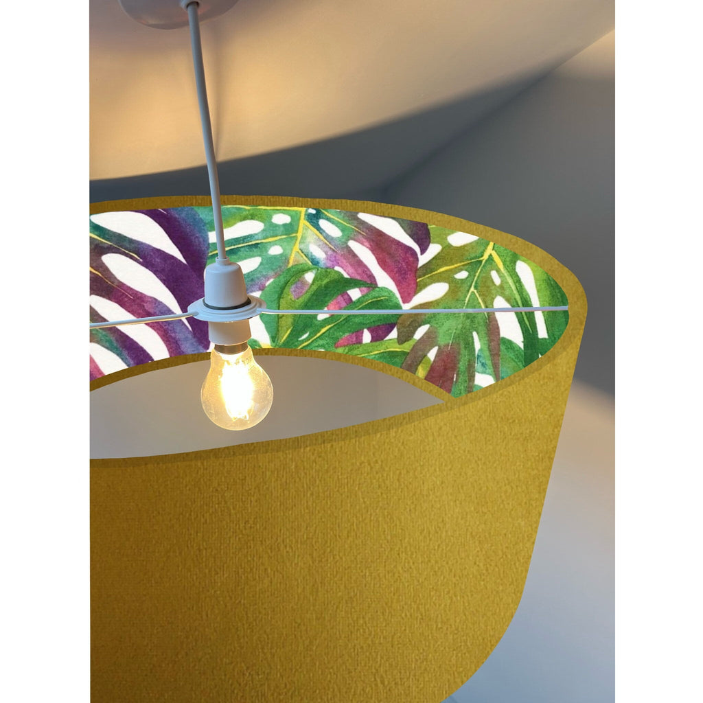 Mustard velvet drum lampshade/ ceiling light shade with multicoloured leaves interior