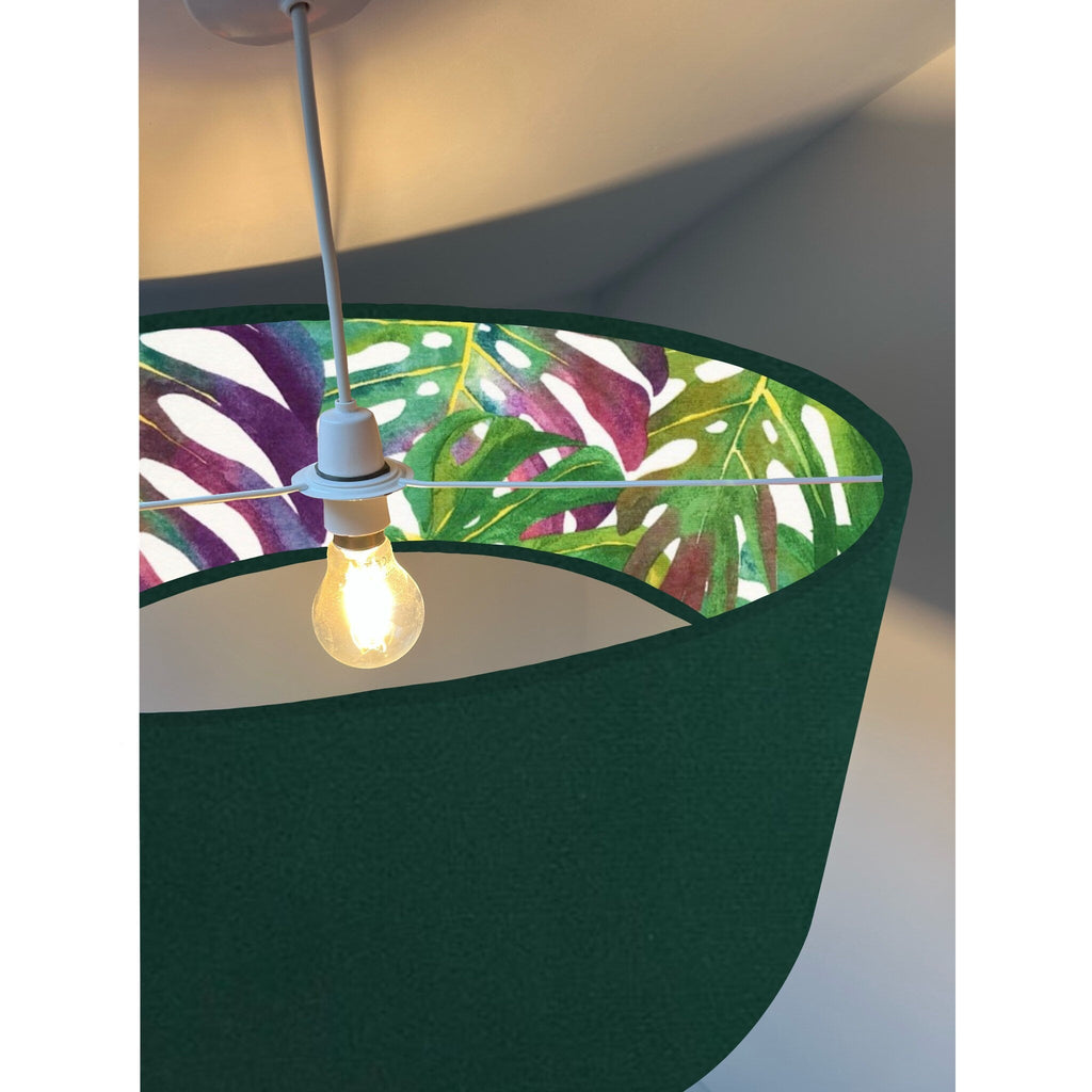 Green velvet drum lampshade/ ceiling light shade with multicoloured leaves interior