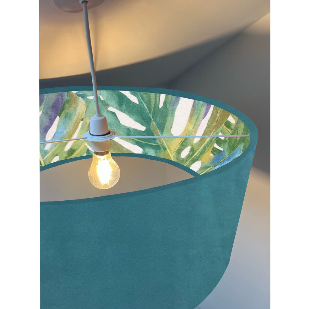 Teal velvet drum lampshade/ ceiling light shade with leaves interior