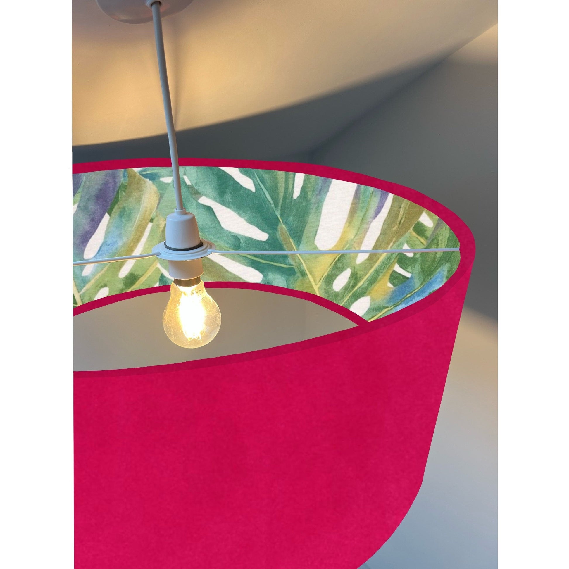 Cerise pink velvet drum lampshade/ ceiling light shade with leaves interior