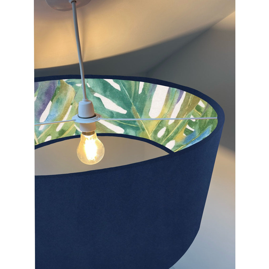 Navy velvet drum lampshade/ ceiling light shade with leaves interior