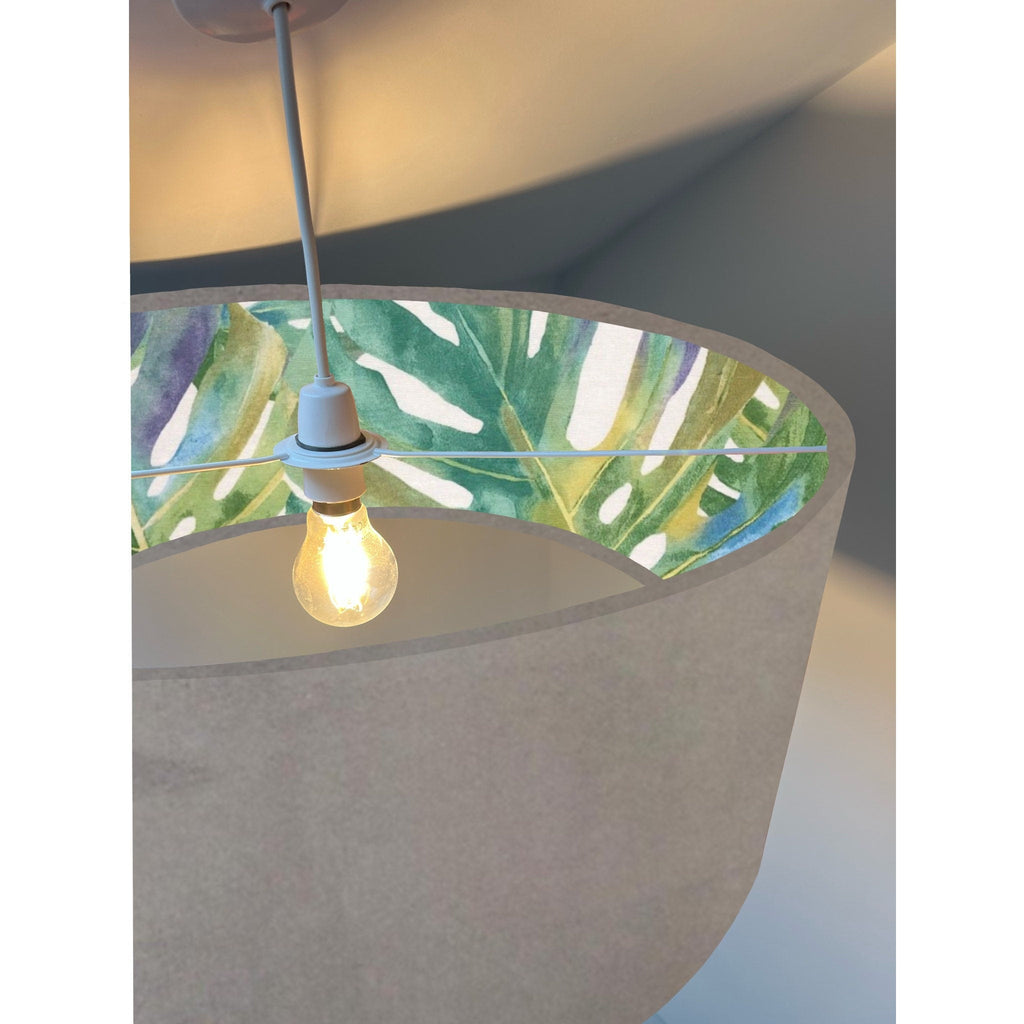 Grey velvet drum lampshade/ ceiling light shade with leaves interior