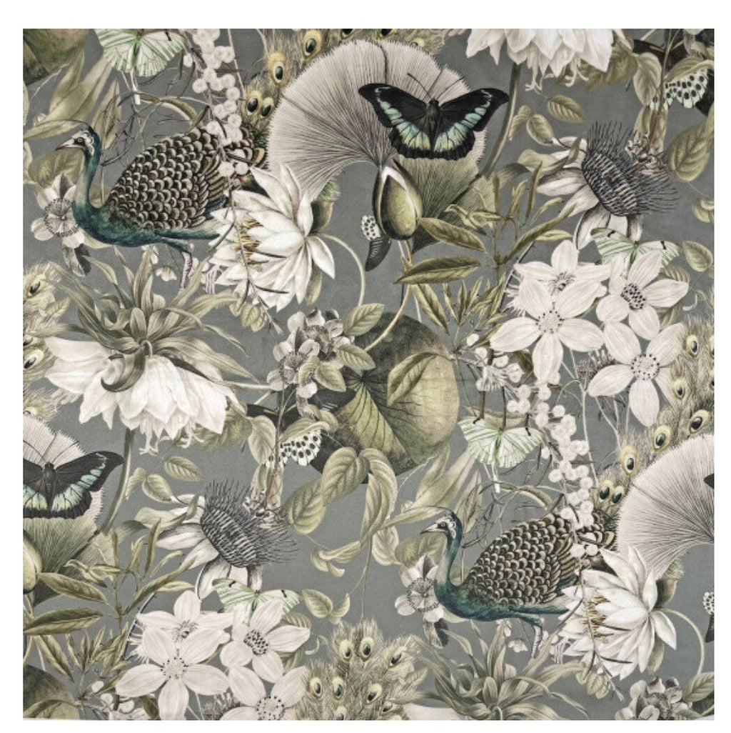 Peacock, butterfly velvet french drum lampshade, in grey, with black fringe and braid